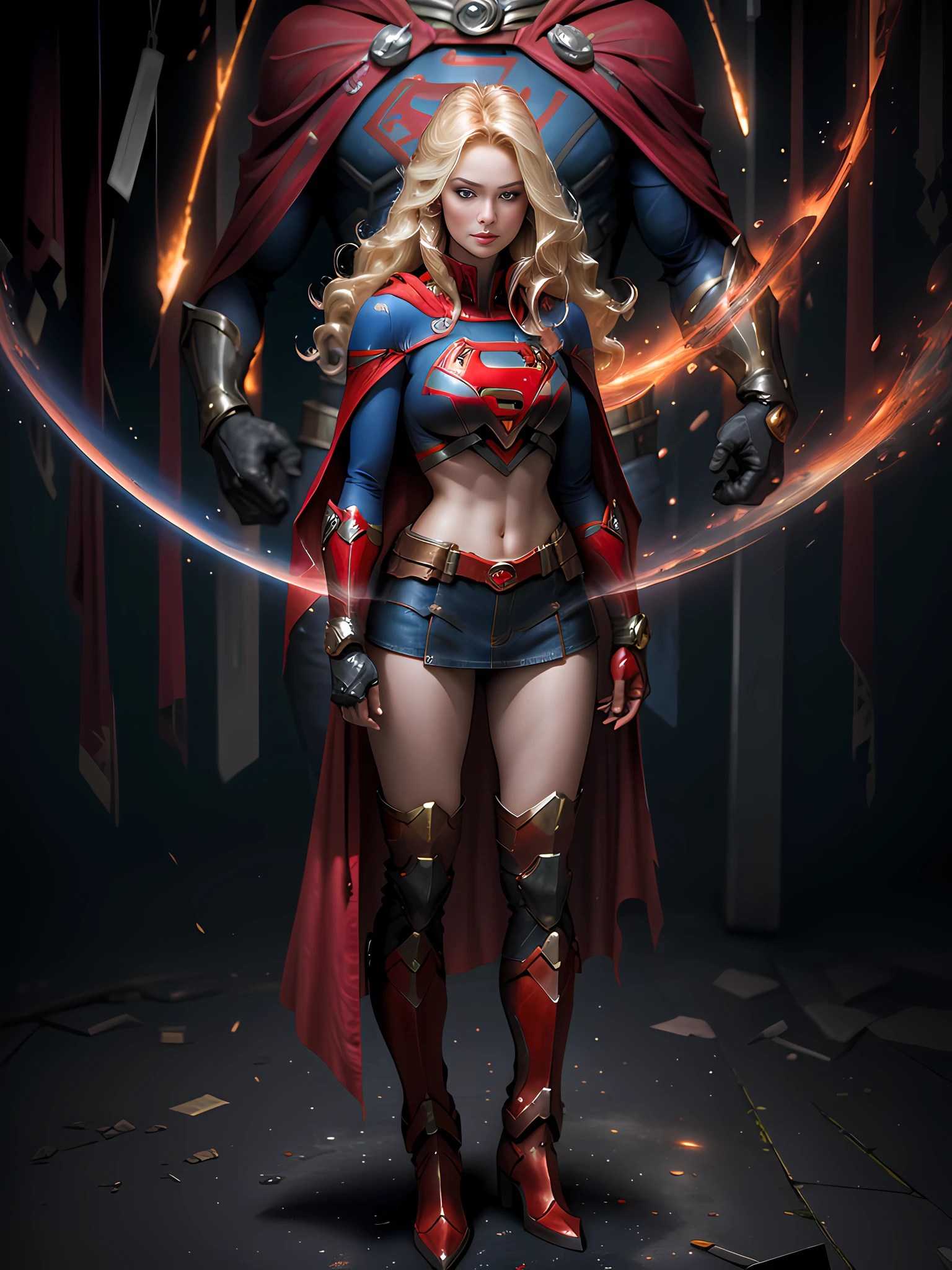 Close-up of a woman in a red cloak and boots, She's Supergirl, super-hero girl, Proportion of female superheroes,
Supergirl，blonde with blue eyes，Huge breasts，photorealestic，Ultra high quality，tmasterpiece，delicated，