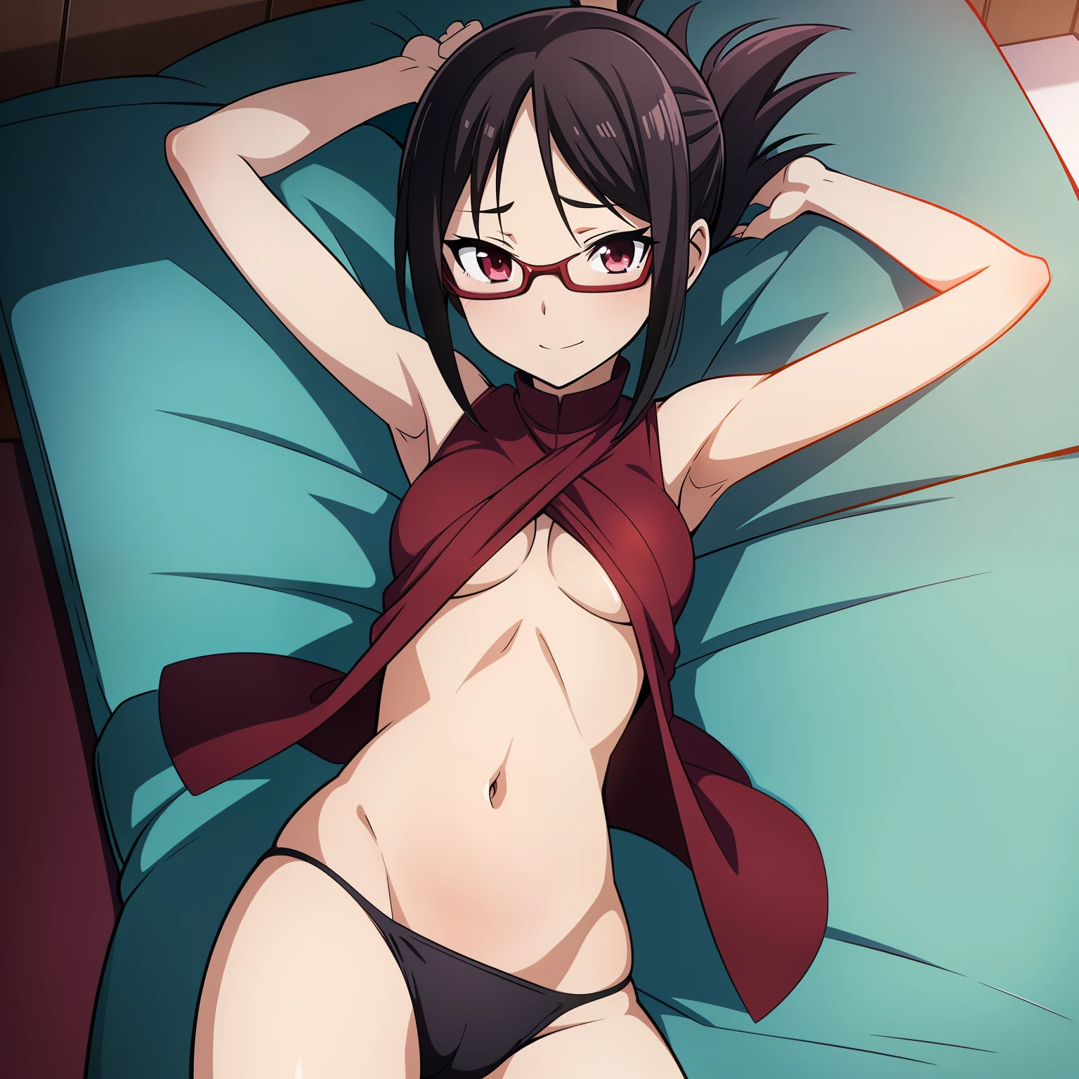 Adult sarada uchiha , small boobs,showing navel,armpits,on a bed