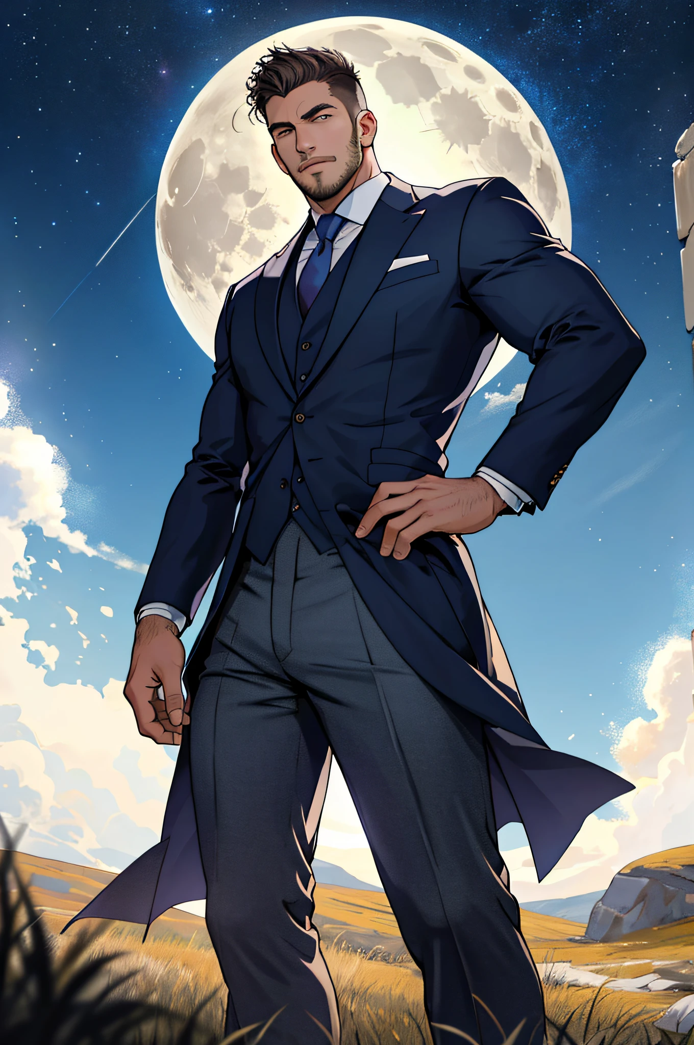 Draw a full-fledged footballer,Standing on the steppe at night,Quiet and comfortable background,He wears the same suit as the country's president,The suit fits perfectly,Handsome face,eyes with brightness,The man looks confident and determined,looking-down,Crew cut,full bodyesbian,Stars dot the sky,shooting from below,Big moon highlights background