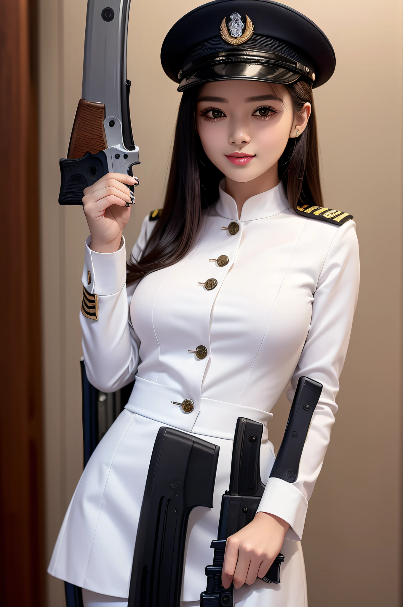 Kizi, an Quority, top-quality, big breasts beautiful, prette, The sheen,On warships, tmasterpiece, Cat eyes,white naval uniform, Long black hair,With a military cap,The eyes are sharp and affectionate,A sweet smile,Fighting posture,white colors,(((Armed with a firearm:1.6))),Pure desire