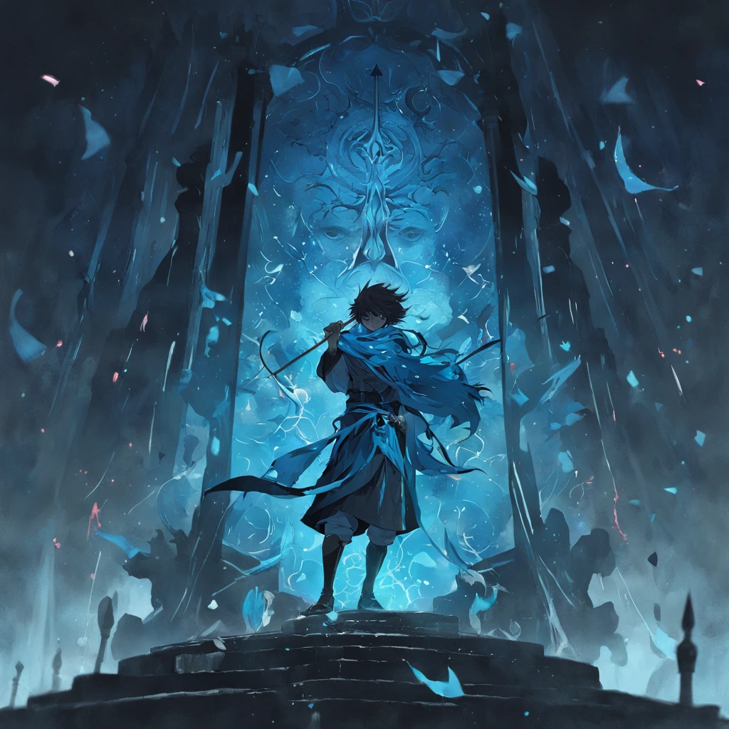 a blue colored scarf locked with a black spear on a broken pillar with a glass covering over it underground with bright magic circles floating around it(dark background:1.4),(Silhouette of a demons's head blurry refelection on the glass, Eyes closed, colorfull long hair, Oriental elements),(Chinese illustration:1.3,paper art:1.3, Quilted paper art:1.2),Blurred on the other side of the glass,