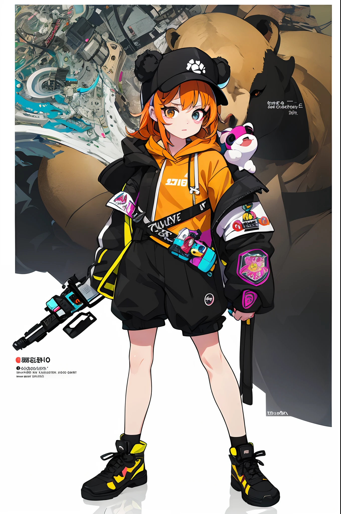 ​masterpiece, top-quality, Official art, 8k wallpaper, ighly detailed, illustratio, 1 girl in, Orange hair, shortpants、hooded sweatshirt, Bear motif on hat