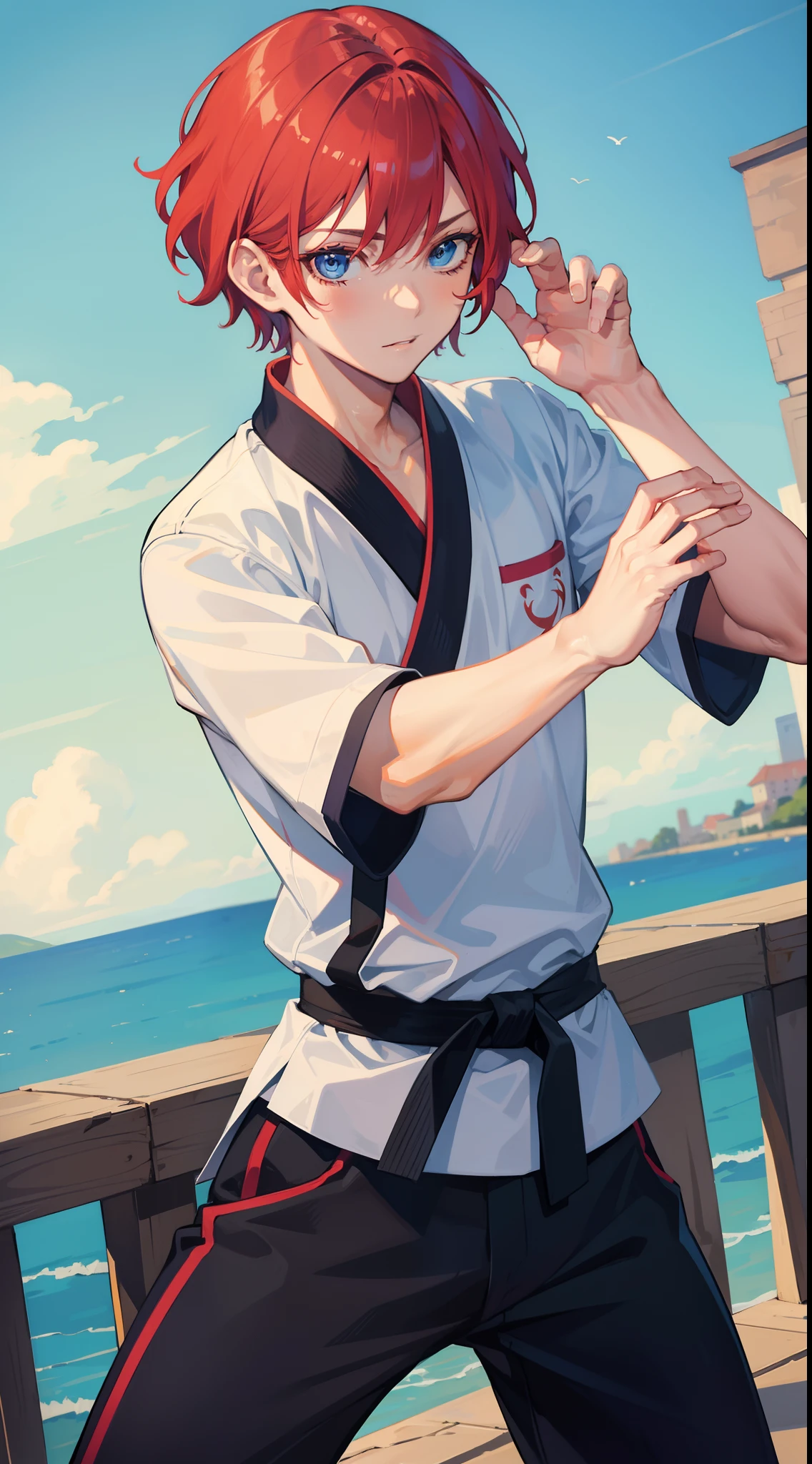 Young guy, short red hair, blue eyes, prince, martial arts, Masterpiece, hiquality
