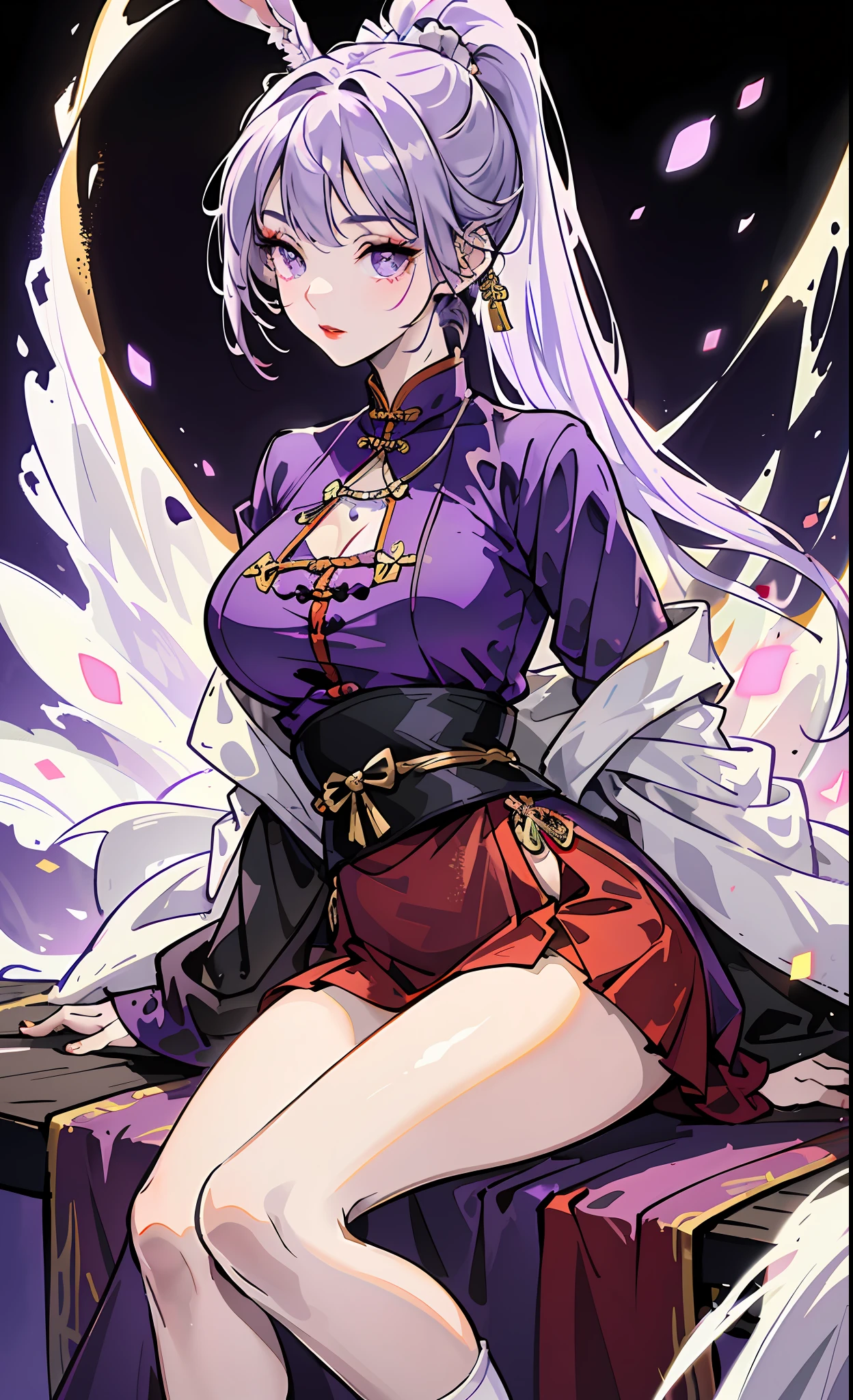 (t masterpiece, need,1个Giant Breast Girl, Alone, Complicated details, Look up at the perspective, color difference), real photograph,(frontage), (Shoulder cut), Chopping, closeup cleavage, ssmile, Sexy enhancement,YaeMiko, Violet blue hair, Purple blue embellishment, a purple eye, sharp look, Perfectly symmetrical figure, Neon shirt, revealing jacket, Sweaters, leaning back against the wall, brick walls, scribbles, dim murky lights, alleys, looking at viewert.((streaked, Very breasts and charming)),(((sakurabackground) )),((((Japanese temple background)))), (((shine on dark background)))