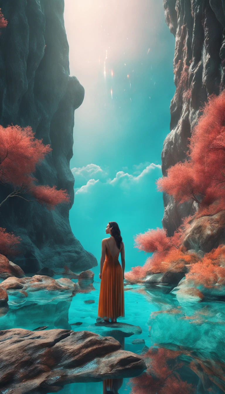 A photo of a woman standing next to it, with a surreal 3d landscape, meticulous brushwork style, emphasis on character design, translucent water, ultra HD images, white and cyan, calligraphic inspiration, ethereal mood distant