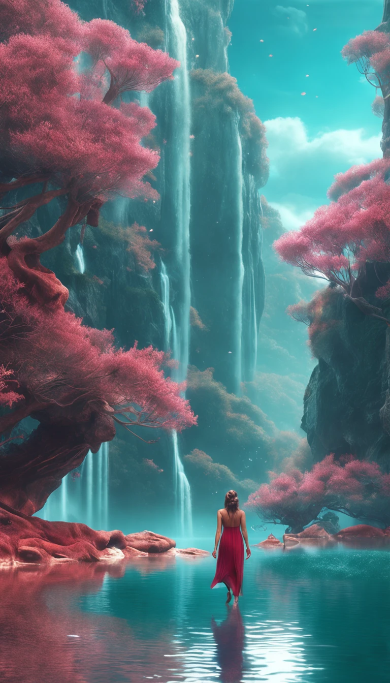 A photo of a woman standing next to it, with a surreal 3d landscape, meticulous brushwork style, emphasis on character design, translucent water, ultra HD images, white and cyan, calligraphic inspiration, ethereal mood distant