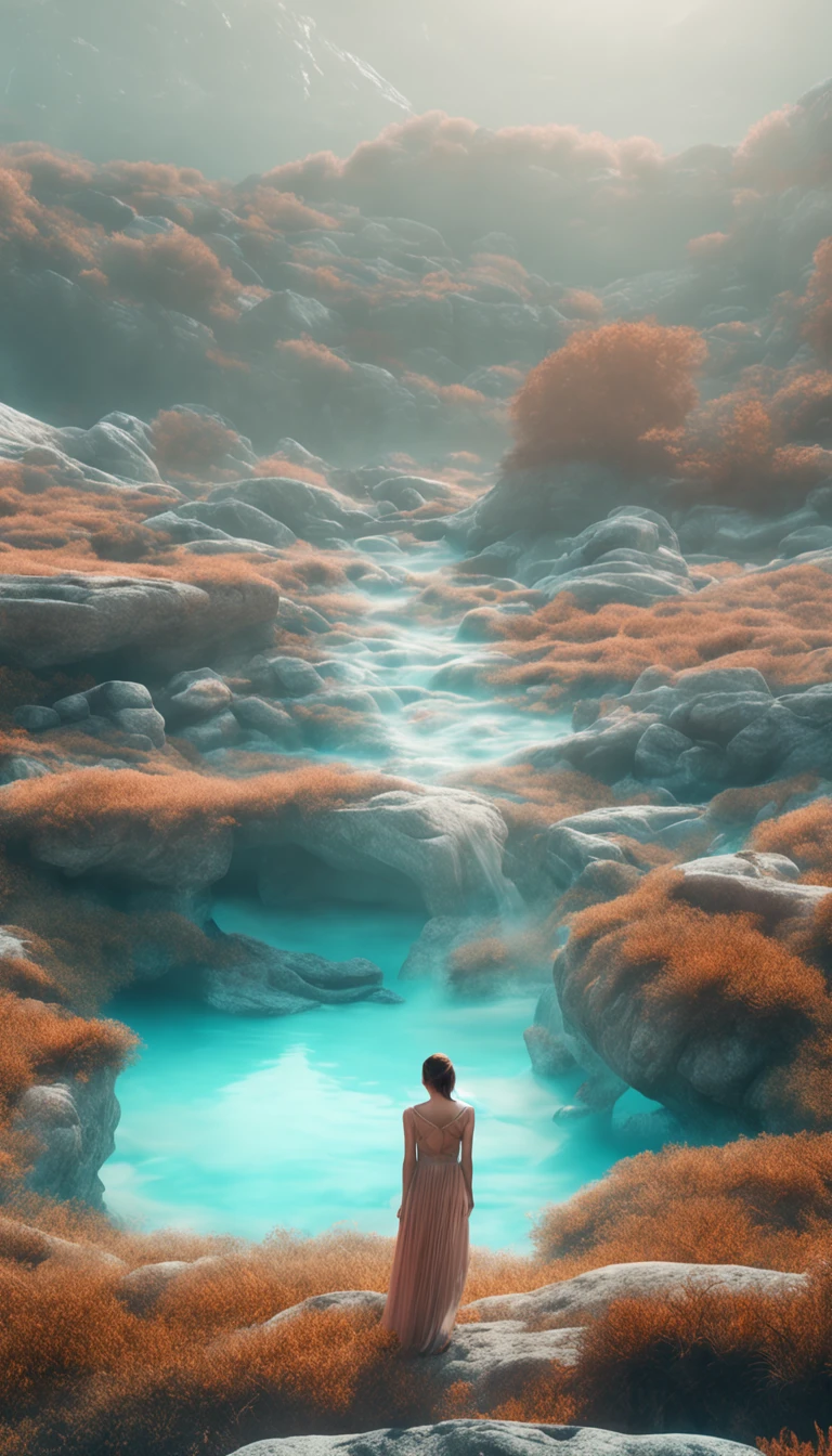 A photo of a woman standing next to it, with a surreal 3d landscape, meticulous brushwork style, emphasis on character design, translucent water, ultra HD images, white and cyan, calligraphic inspiration, ethereal mood distant