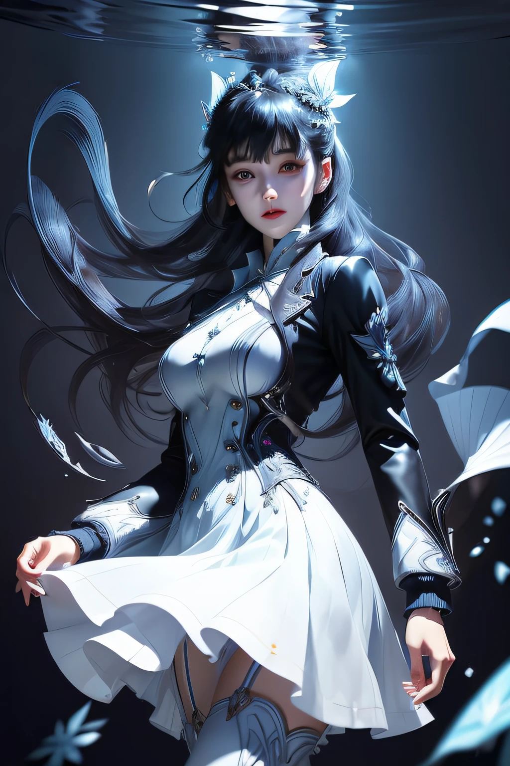 ((top-quality)), ((tmasterpiece)), ((ultra - detailed)), (Extremely Delicately Beautiful), Girl vs, 独奏, Cold attitude,((Black jacket)),She is very(Relax)with  the(Settle down)looks,brunette color hair, depth of fields,evilsmile,Bubble, Under the water, airbubble,bright light blue eyes,inner colored，Light blue hair and dark blue ends,Cold background,Bob Hair - Linear Art, shorter pants、knee high socks、A white uniform like a school uniform、Light blue ribbon ties、Clothes are sheer、Hands in pockets。