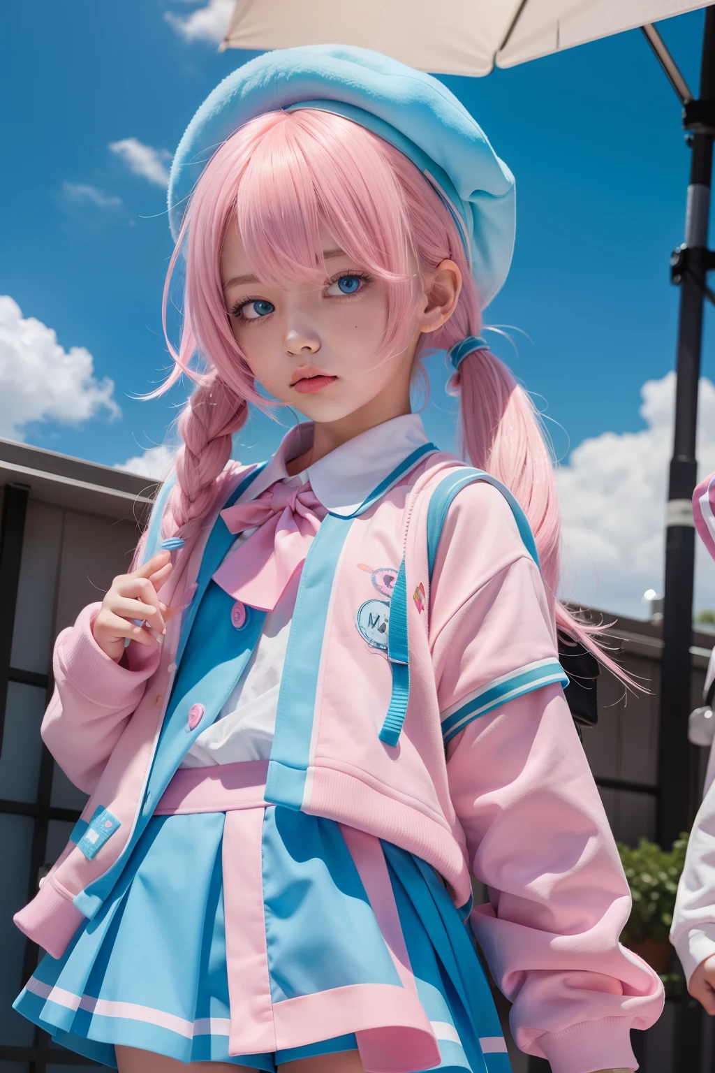 light pink colored hair，Powder-blue pupils，Wear a school uniform with a combination of pink and blue，Milk loli，a beauty girl