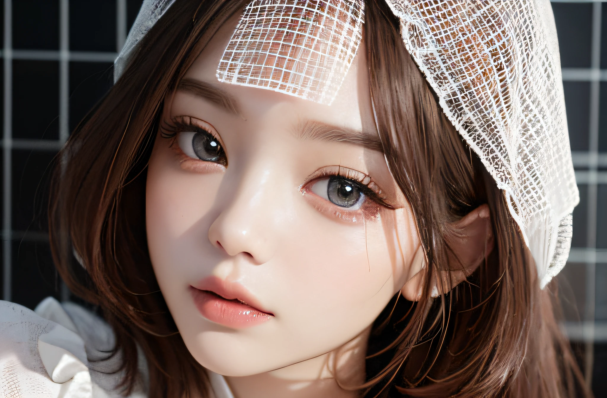 Masterpiece, 1 beautiful girl, Detailed eyes, Swollen eyes, Top quality, 超高分辨率, (reality: 1.4), Cinematic lighting, Japanese, Asian beauty, Korean, Very beautiful, Beautiful skin, Slender, body facing the front, (Ultra photo realsisim), (high resolution), (8K), (Very detailed), ( Best Illustration), (Beautifully detailed eyes), (Super detailed), (the wallpaper), Detailed face, Bright lighting, Professional lighting, view the viewer, Staring straight ahead, The costume is a neat white shirt and dress, 46-point oblique bangs, Night view, Black hair (Some red hair with mesh),