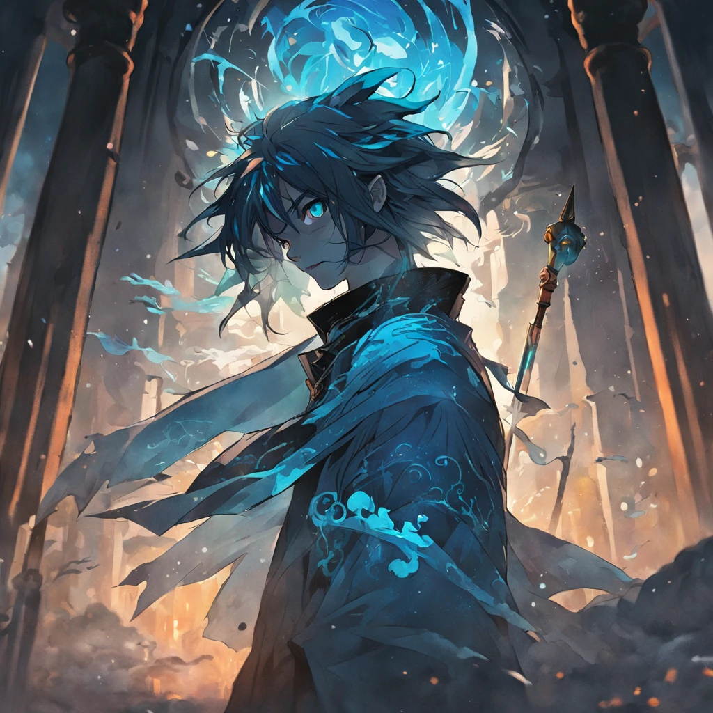 a blue colored scarf locked with a black spear on a broken pillar with a glass covering over it underground with bright magic circles floating around it(dark background:1.4),(Silhouette of a demons's head blurry reflection on the glass, Eyes closed, colorful long hair, Oriental elements),(Chinese illustration:1.3,paper art:1.3, Quilted paper art:1.2),Blurred on the other side of the mirror,