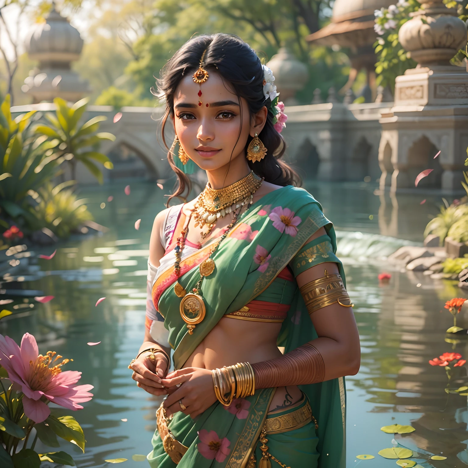 Young Indian girl, delicate and beautiful girl, gentle smile, Dynamic posture, dinamic angle, Women's jewelry, Ornaments, Tatoo, sari, Indian Garden, Sunny day, water, Flowers, hyper realisitc, hyper-detailing, 8K