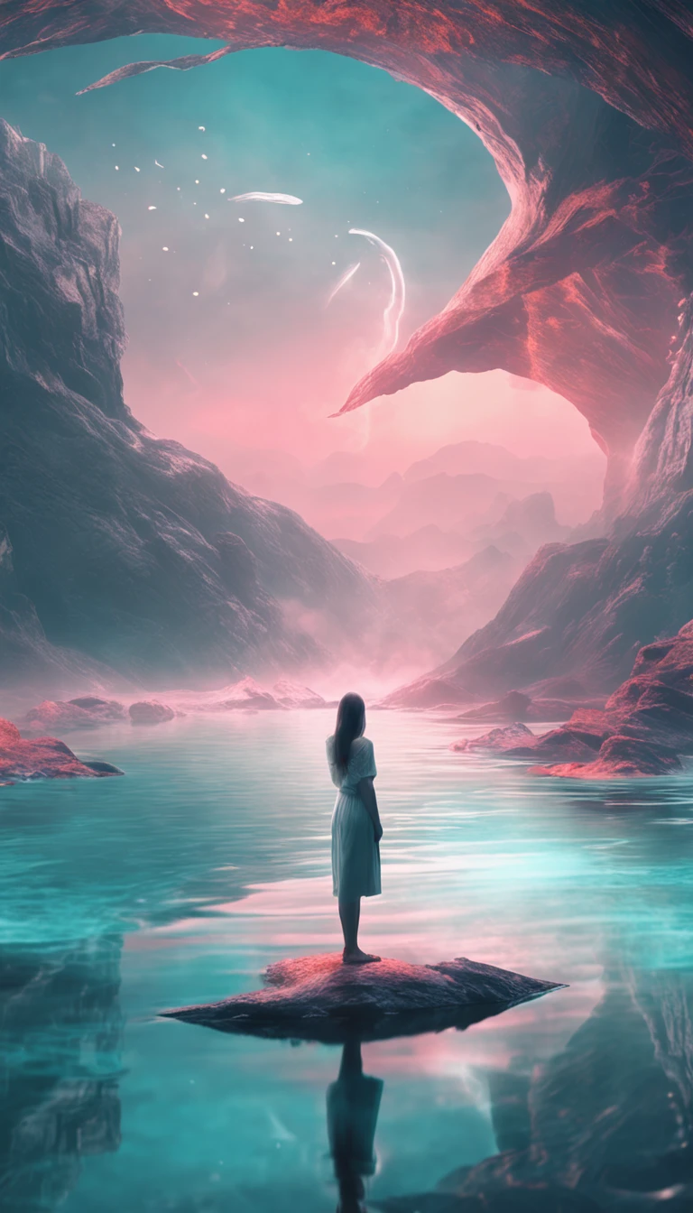 Photo of the woman standing next to it, With surreal 3D landscape, Meticulous brush stroke style, emphasis on character design, Translucent water, Ultra HD images, white and cyan, Calligraphy inspiration, Distant ethereal mood