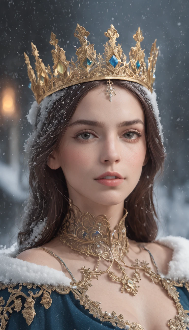 Woman with an ice tiara on her head and a navy blue winter cloak with golden details, broche de floco de neve. longos cabelos pretos. rainha do inverno, princesa elfa, retrato de uma rainha elfa, rainha elfa, princesa inverno, uma rainha elfa, artgerm em artstation pixiv, bela e elegante rainha elfa, corpo inteiro. Standing in the snow in front of a large icy castle. Personagem de RPG. Era medieval. Mulher elfa. Elfa de cabelos ruivos. Olhos azuis. Elfa da floresta. Elfa Guerreira da floresta. Elfa arqueira. Arqueira medieval. Arco e Flecha. Organic Amadura. Armadura verde musgo. soft ilumination. Standing in the middle of the forest. Floresta densa. Cogumelos bioluminescentes. fantastical setting. Luz do dia. Luz solar. realces de cores quentes. Paleta verde azul e amarelo. RPG Character design. modelo ig | artgerm, :: rossdraws, obra de arte no estilo de guweiz, extremamente detalhada artgerm. corpo inteiro, fundo detalhado de um castelo, hiper detalhado, rosto detalhado, foto sincera POV, por lee jeffries, Nikon d850, filme fotografia de estoque ,4 kodak portra 400, F1 camera lens.6, cores ricas, hiper realista, textura realista, lighting dramatic, cinestill 800 (8k, Foto RAW, melhor qualidade, obra-prima: 1.2), ultra-detalhado, (pele altamente detalhada: 1.2), 8k UHD, DSLR, soft ilumination, alta qualidade.modelo ig | artgerm, :: rossdraws, obra de arte no estilo de guweiz, extremamente detalhada artgerm. corpo inteiro, fundo detalhado de um castelo, hiper detalhado, rosto detalhado, foto sincera POV, por lee jeffries, Nikon d850, filme fotografia de estoque ,4 kodak portra 400, F1 camera lens.6, cores ricas, hiper realista, textura realista, lighting dramatic, cinestill 800