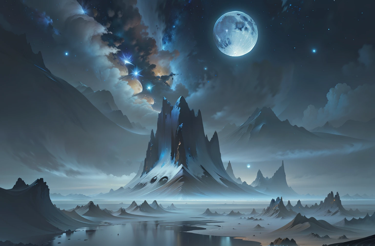 Moon in the sky, Matt SF Fantasy Painting, sci fi digital painting, stefan koidl inspired, 4k HD Matte Digital Paintings, sci fi digital painting, 4K highly detailed digital art, alien landscape, sci-fiish landscape, planet landscape, Dark matte fantasy painting, Alien Landscape View, concept art 8k, coal, gravel, Starry sky, war