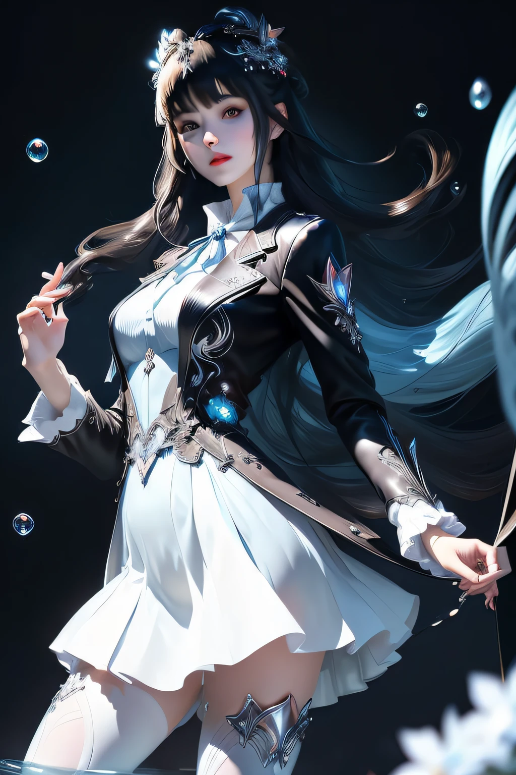 ((top-quality)), ((tmasterpiece)), ((ultra - detailed)), (Extremely Delicately Beautiful), Girl vs, 独奏, Cold attitude,((Black jacket)),She is very(Relax)with  the(Settle down)looks,brunette color hair, depth of fields,evilsmile,Bubble, Under the water, airbubble,bright light blue eyes,inner colored，Light blue hair and dark blue ends,Cold background,Bob Hair - Linear Art, shorter pants、knee high socks、A white uniform like a school uniform、Light blue ribbon ties、Clothes are sheer、Hands in pockets。