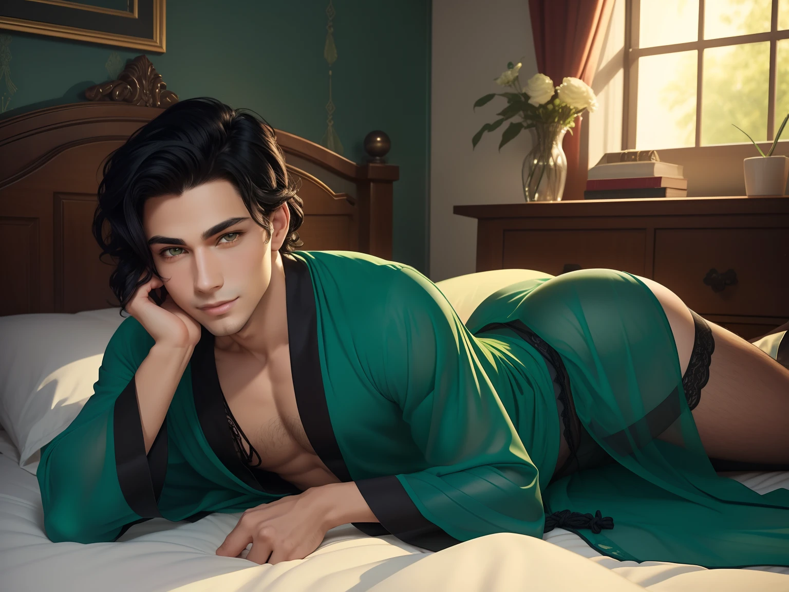 A young man with very short wavy black hair and green eyes, half-lidded eyes and seductive smile, (handsome, beautiful, pretty man, big ass), wearing see-through robe loosely with laces underwear, (laying down, full body), bedroom,