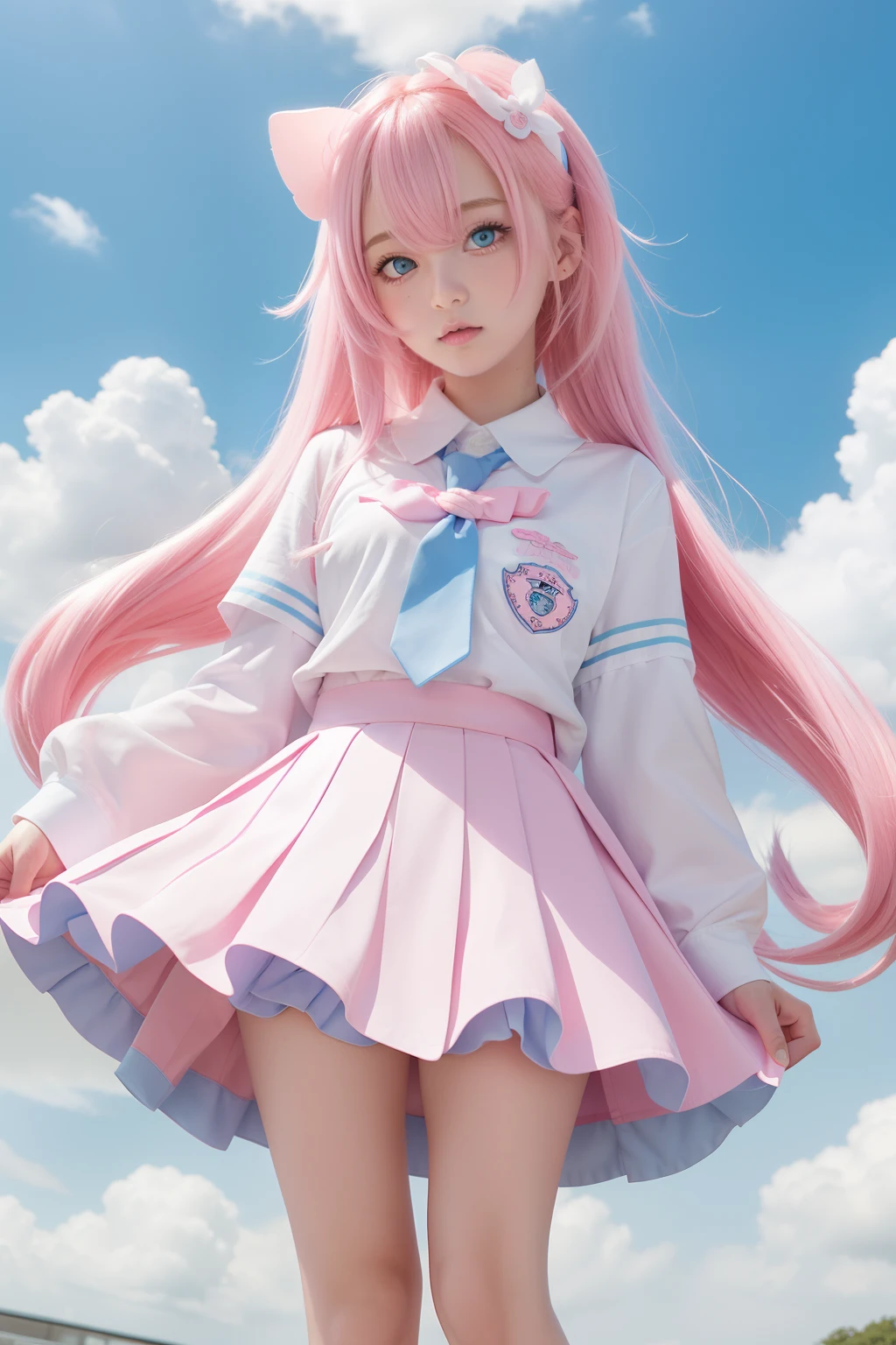 High detail, Super detailed, Ultra-high resolution, A girl having fun in a dreamlike galaxy, Surrounded by stars, The warm light that shines on her, Starry background with colorful galaxies and galactic clouds, The stars fly around her, Add a playful touch ,(((Pink long hair)))、(((Half Twin Tail)))、solo、Green Eyes、skirt、(((long back hair)))、shirt、shoes下、(Blue waistband)、白いshirt、格子縞のskirt、Plaid、sleevesa rolled up、chest、襟付きshirt、ribbon、Knee-high、bangs、shoes、(茶色のskirt)、赤いribbon、(茶色のプリーツskirt)、Mouth closed、ネックribbon、Medium breast 、Beautiful female fingers、Accurate Fingers、