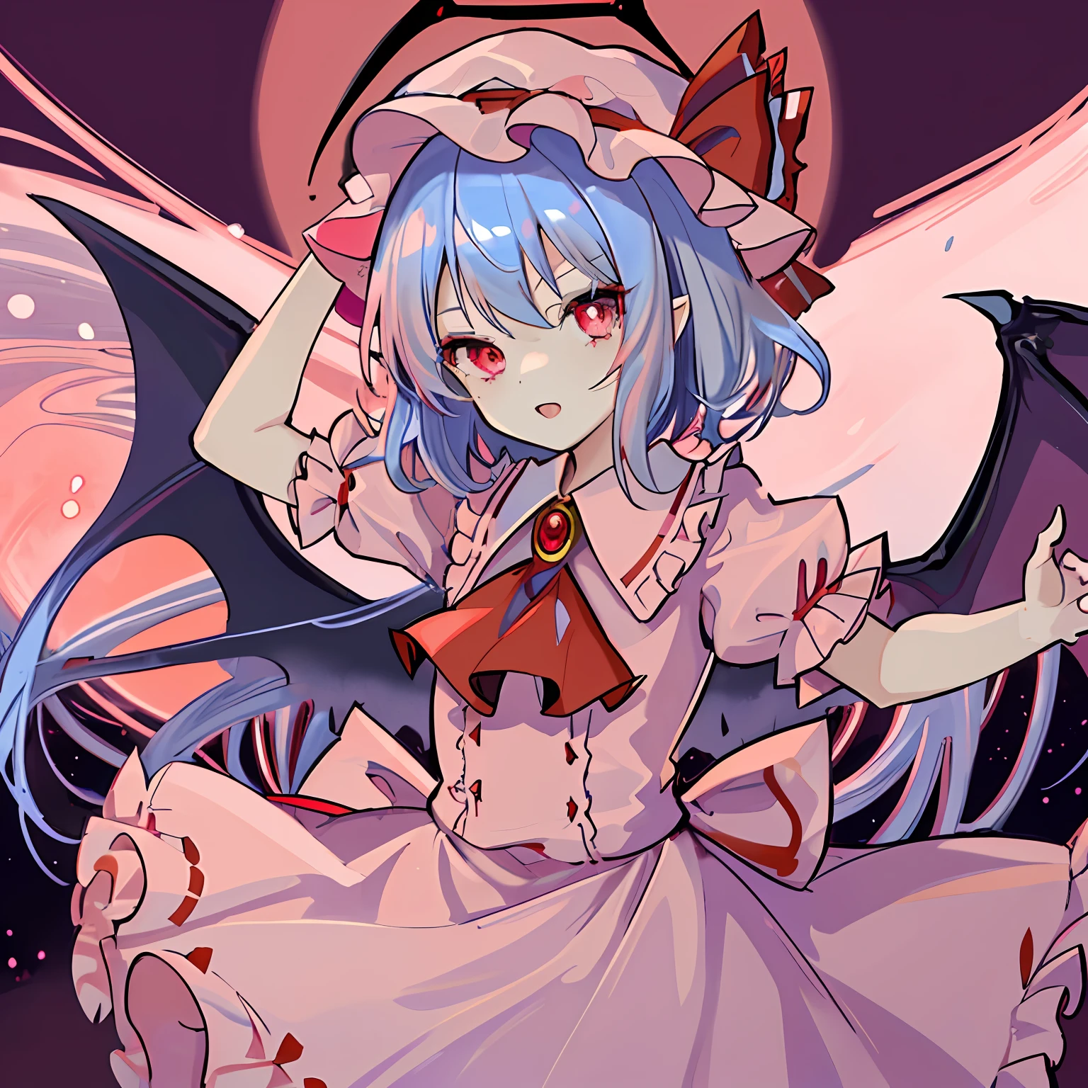 1girl, remilia scarlet, mob cap, wings, ribbon, frilled shirt collar, short sleeves, blue hair, red eyes, ascot, pink dress, red moon, night, dark style, shiny eyes, detailed background, (ultra detailed eyes), beautiful, amazing, perfect, best quality, arms up