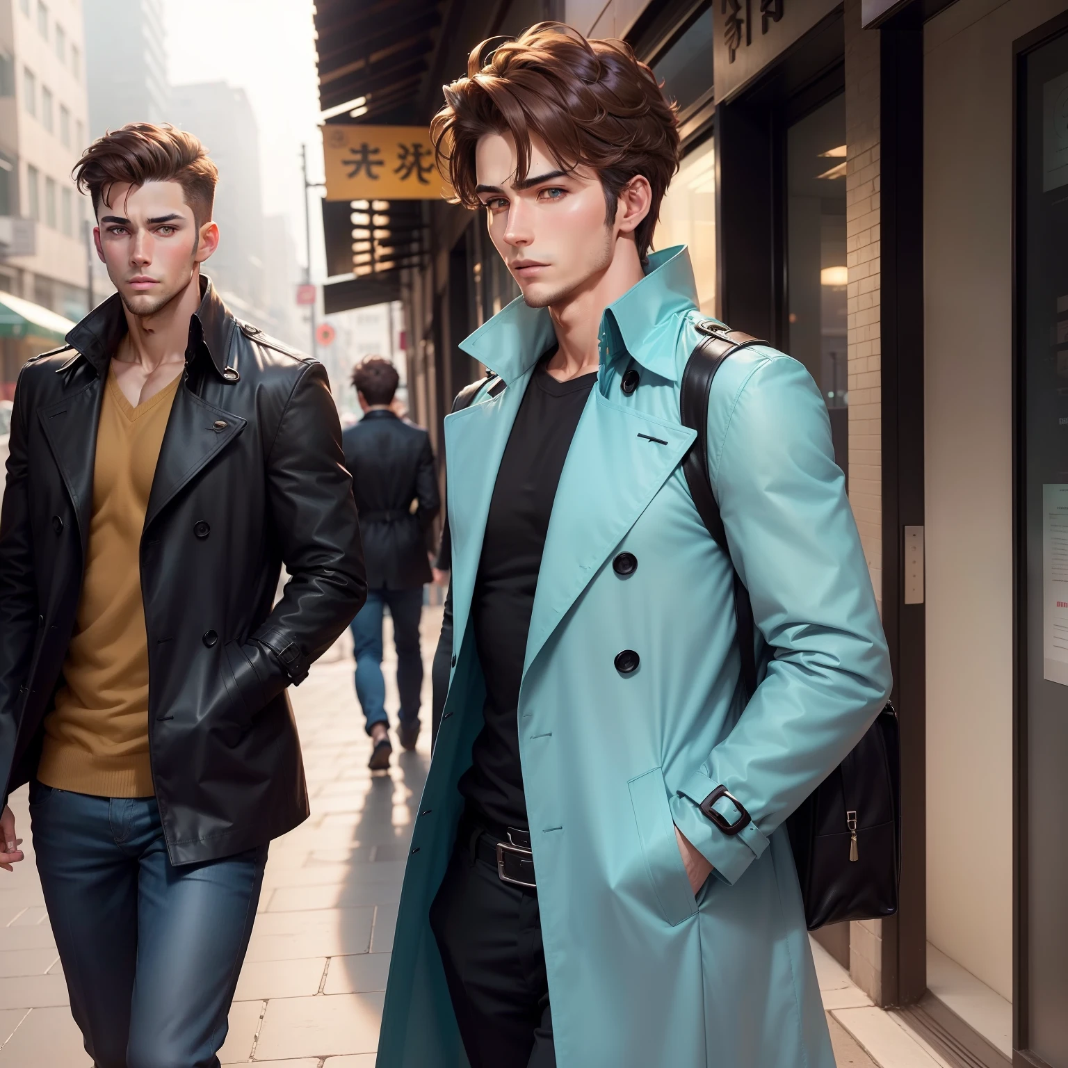 (Handsome man:1.3),(Side photo:1.2),Walking around the city,High Picture Quality,brunette color hair,The facial features are clear,Anime style,The shirt and trench coat fit together,perfect bodies,Turquoise eyes。
