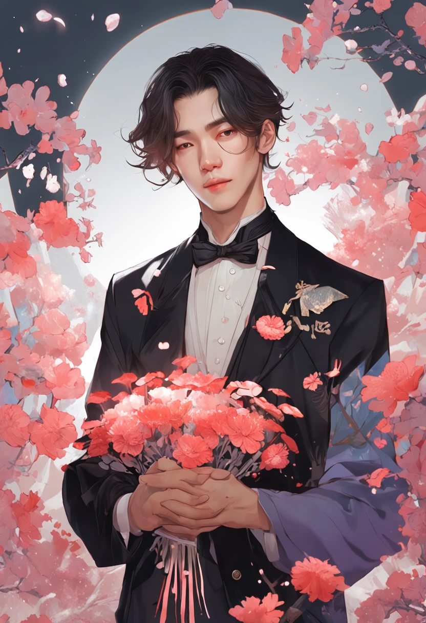 There was a man holding a bouquet of flowers in his hand, With flowers, Holding flowers, the flower prince, carrying flowers, high quality portrait, inspired by Yanjun Cheng, holding magic flowers, High-quality fanart, by Yang J, Guviz-style artwork, Cai Xukun, author:yanjun cheng, Guviz