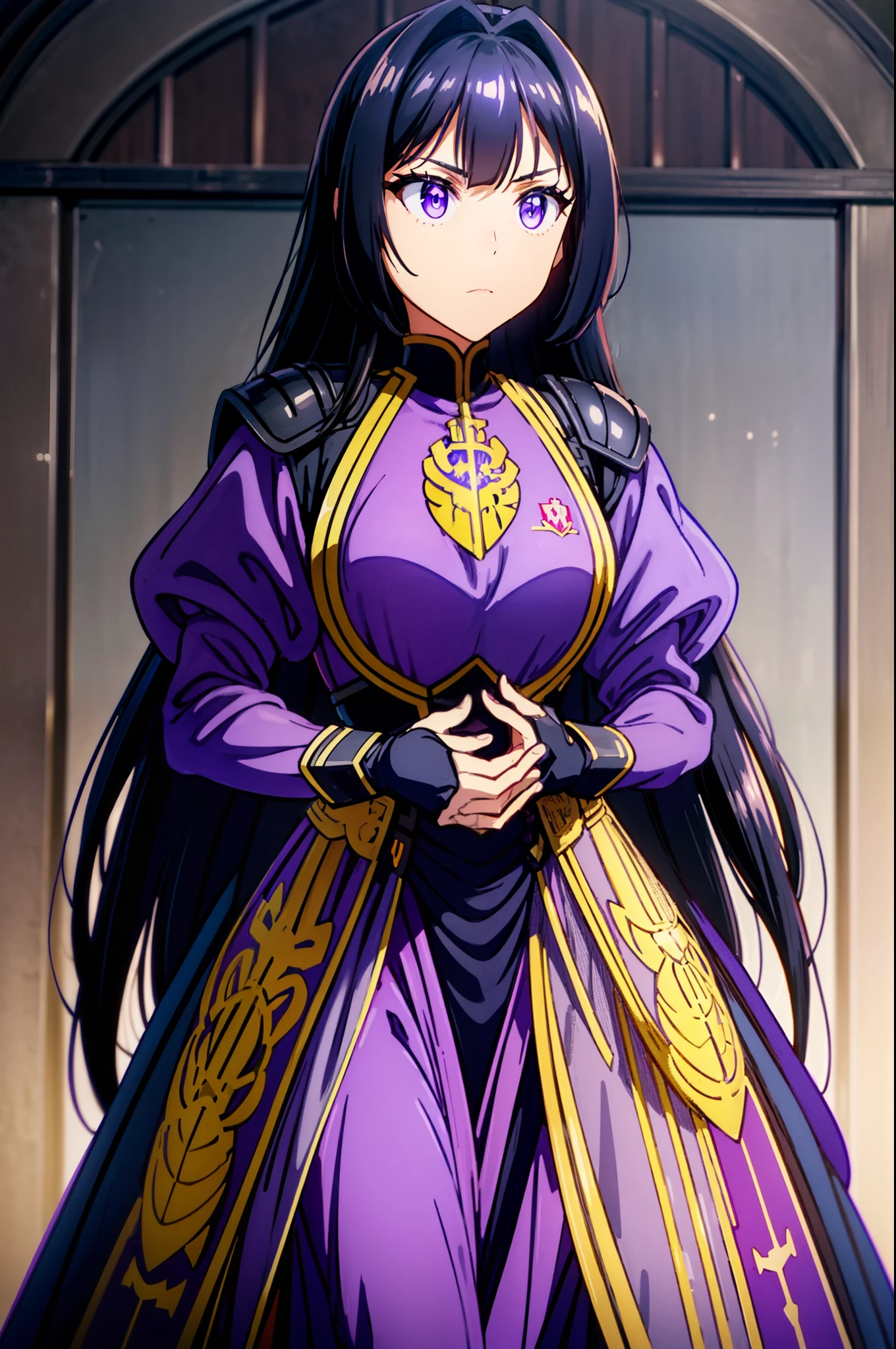 (Top quality, masterpiece) An armored young woman standing at attention with a stoic expression. She is dressed in a purple tunic underneath her breastplate with an insignia denoting her as a royal guard. She possesses black hair and warm violet eyes.