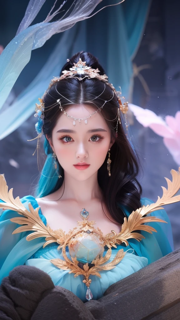 (Masterpiece, Best quality, Best grade, offcial art, Beautiful and aesthetically pleasing, Long exposure: 1.2),(realisticlying:1.5)(2.5D:1.5)1 girl,wavy and long hair,auburn hair,head gear,By bangs,longer sleeves,Delicate eyes and delicate face,Extremely detailed Cg Unity 8K wallpaper,Complicated details,( style-swirlmagic:1.0), Float in the air,glowing magical shards,Surrounded by blue magic crystals,rock formations,stalactites,Magic floating particles,crystal glass,crystal sphere,Crystal canyon background,Deep background,(shallow water:0.7),Epic ethereal atmosphere,Updraft,half-body portrait