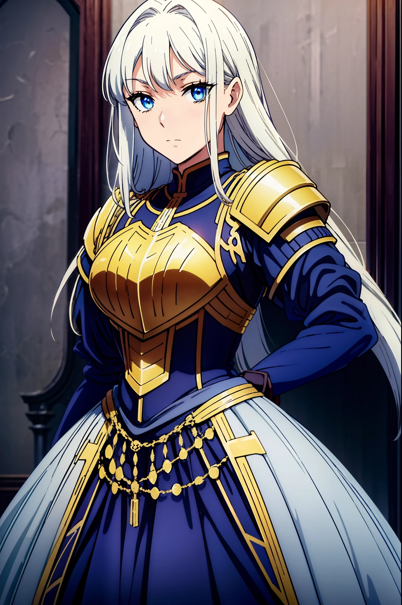 (Top quality, masterpiece) An armored young woman standing at arms with a sword sheathed at her hip and a soft expression. She possesses blue eyes and waist-length blonde hair that cascades down her back and drapes over her left shoulder. Her armor is elegantly decorated denoting her as royalty.