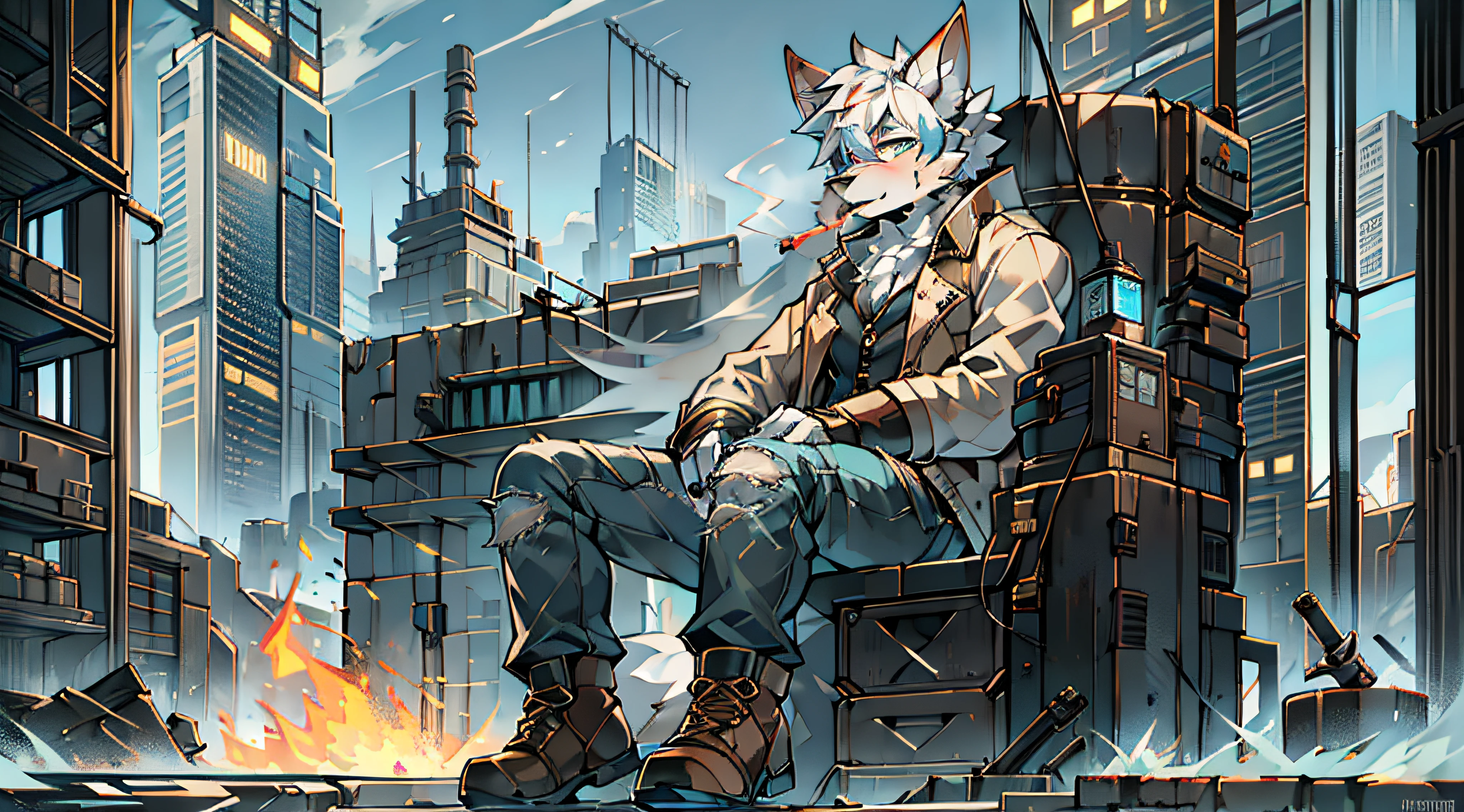 Furry,solo person,独奏,White hair,Wolf orcs,Cyberpunk,Wear a black jacket vest,Wearing a light brown trench coat,wearing blue jeans,Wear high-top boots,Sit on a burning machine,Holding Erlang's legs,Smoking a cigar,Behind him is the destroyed laboratory,The fire burst into the sky,white backgrounid,midynight