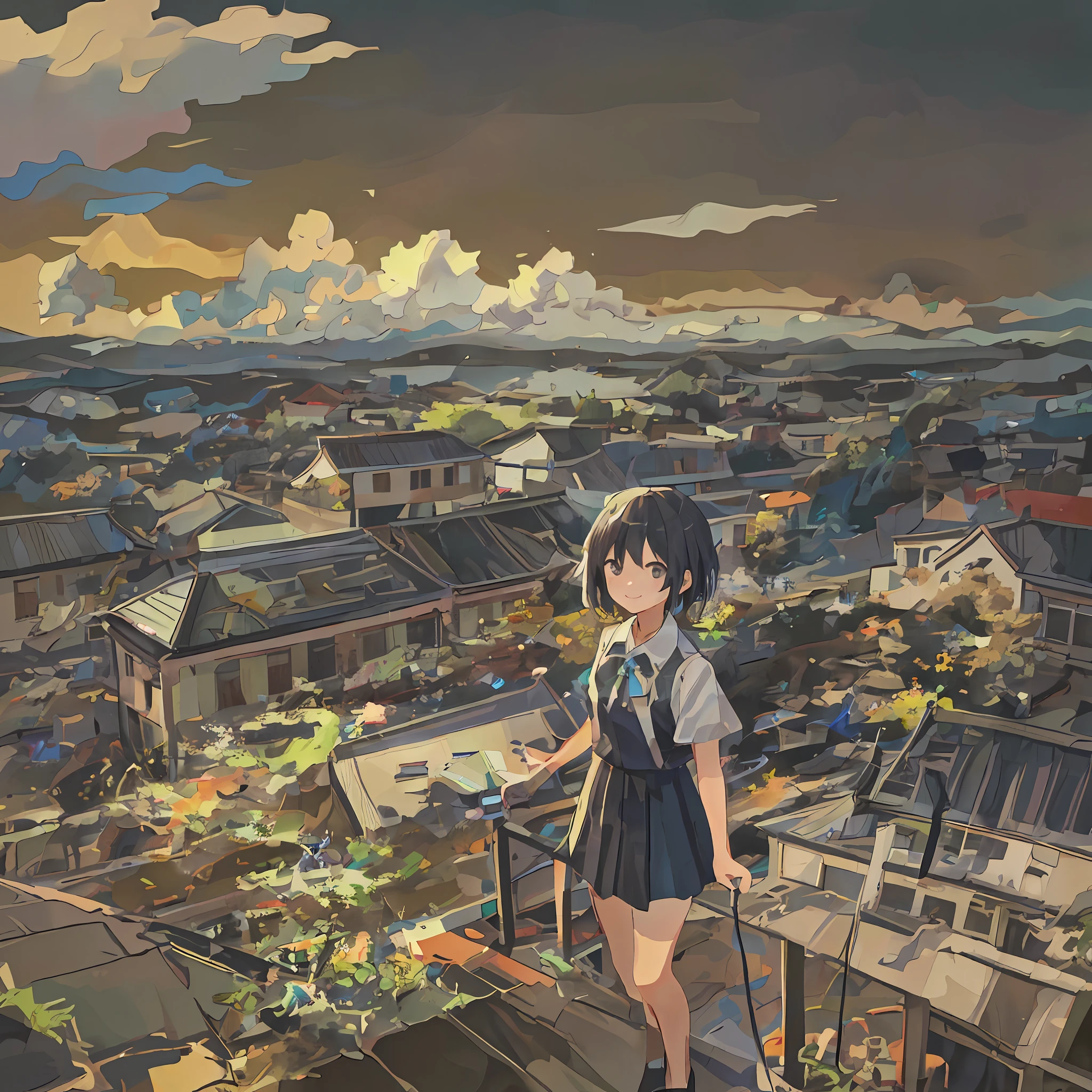 Ji Dehua,,tigre,Eau,buliding,tmasterpiece,Best quality at best,(Color:1.2), aquarelle, 1girll, Solo, sky, Cloud, Outdoors, Power lines, telephone poles, Skirt, shirt, Black hair, Short sleeves, White shirt, day, Blue sky, flower, Short hair, From below, Black skirt, Black eyes, cumulonimbus clouds, Holding, bangs, sunny clear sky, A masterpiece of shut up, Detailed, High quality, absurderes, Girl, Solo , Smiling,slanted bangs,Light wind,Genki girl,mesmerizing eyes,White fluttering,Blue sky meadow flower,Nice countryside,Pure music,Pure,Extremely high image quality,Very high pixels,Harmonious characters and background,Characters are the main ones,Background is complementary,wilderness,Highlight the sky and clouds,Extreme light,Exceptionally bright light,The weather was extremely sunny,Delicate characters,butterflys,White butterfly,Green grass