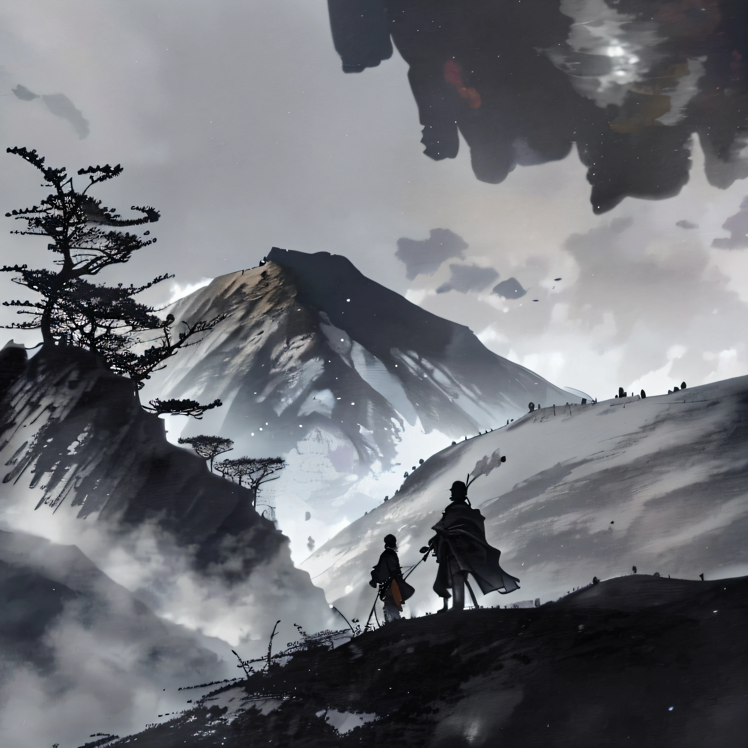 Draw two warriors standing on a mountain,There is a moon in the sky, inspired by Fu Baoshi, an ominous fantasy illustration, by Yang J, inspired by Sōami, Detailed painting 4 K, cinematic fantasy painting, author:FAN Qi, Inspired by Fenghua Zhong, author:Dong Yuan, inspired by Kanō Hōgai, sekiro mountain