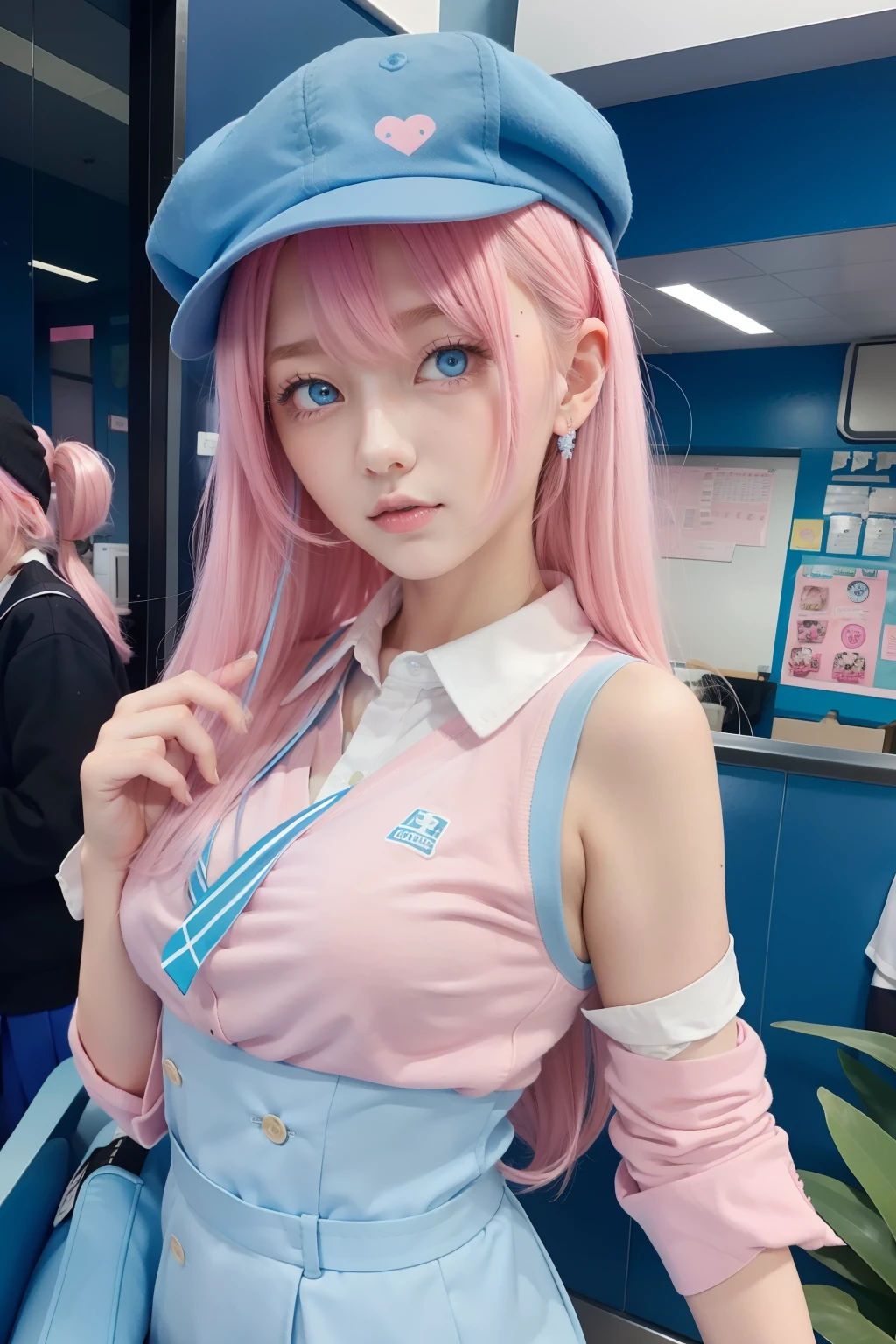 light pink colored hair,Powder-blue pupils,Wear a school uniform with a combination of pink and blue,Milky ,super beautifulgirl