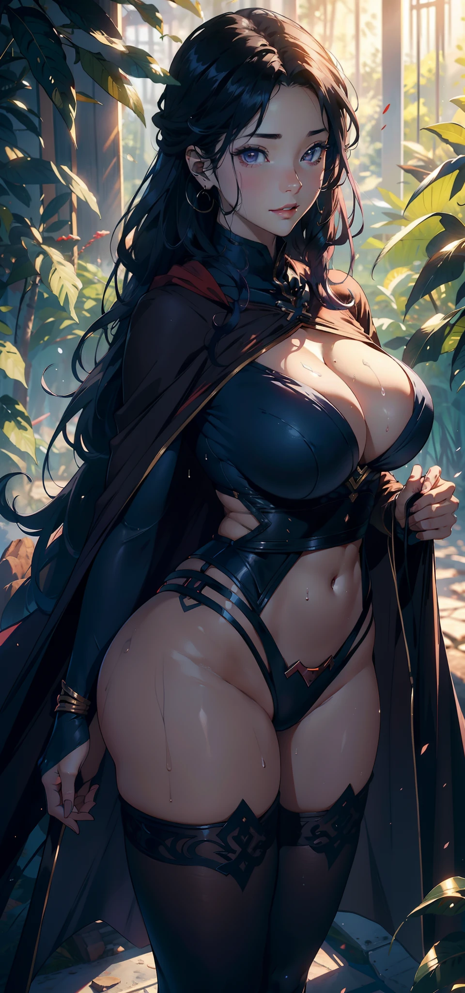 1female,25 age old,Large breasts,long leges,Big breasts Thin waist,Pornographic exposure, 独奏,(Background with:ln the forest,the rainforest,in summer) She has long purple hair,standing on your feet,Sweat profusely,drenched all over the body,seen from the front, curlies, mostly cloudy sky,(((tmasterpiece),(Very detailed CG unity 8K wallpaper),best qualtiy,cinmatic lighting,detailed back ground,beatiful detailed eyes,Bright pupils,(Very fine and beautiful),(Beautiful and detailed eye description),ultra - detailed,tmasterpiece,)),facing at camera,A high resolution,ultra - detailed),revealing breasts,Bare genitalia, Bulge,Camel toes,Raised sexy,Flushed complexion,Open-mouthed,frontage,Supergirl(Wearing:Cloak,Superman uniform,Pantyhose,shairband)nakeness,