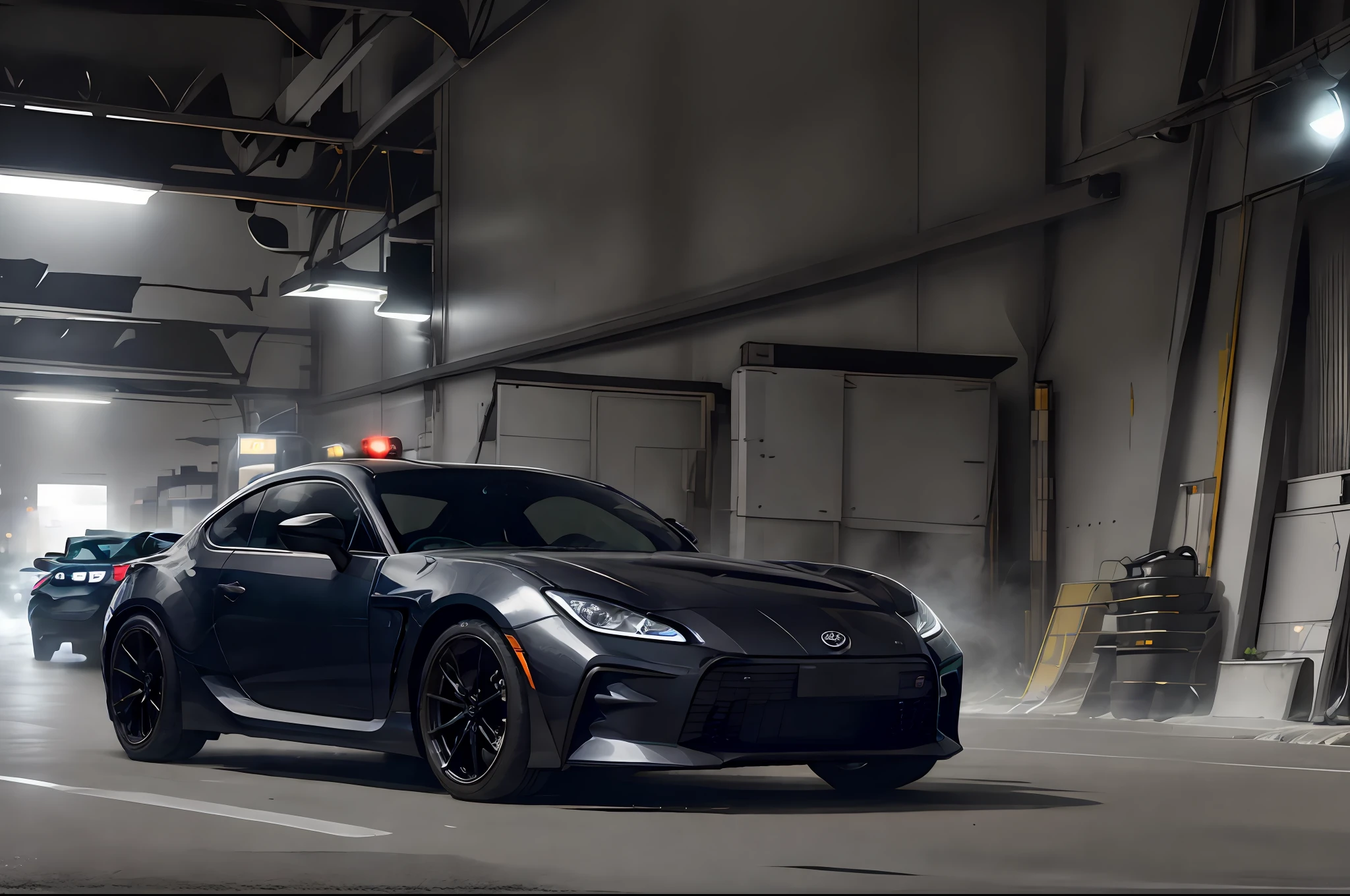 black and white 2020 toyota gt86 police cruiser, police lights, tokyo street backdrop