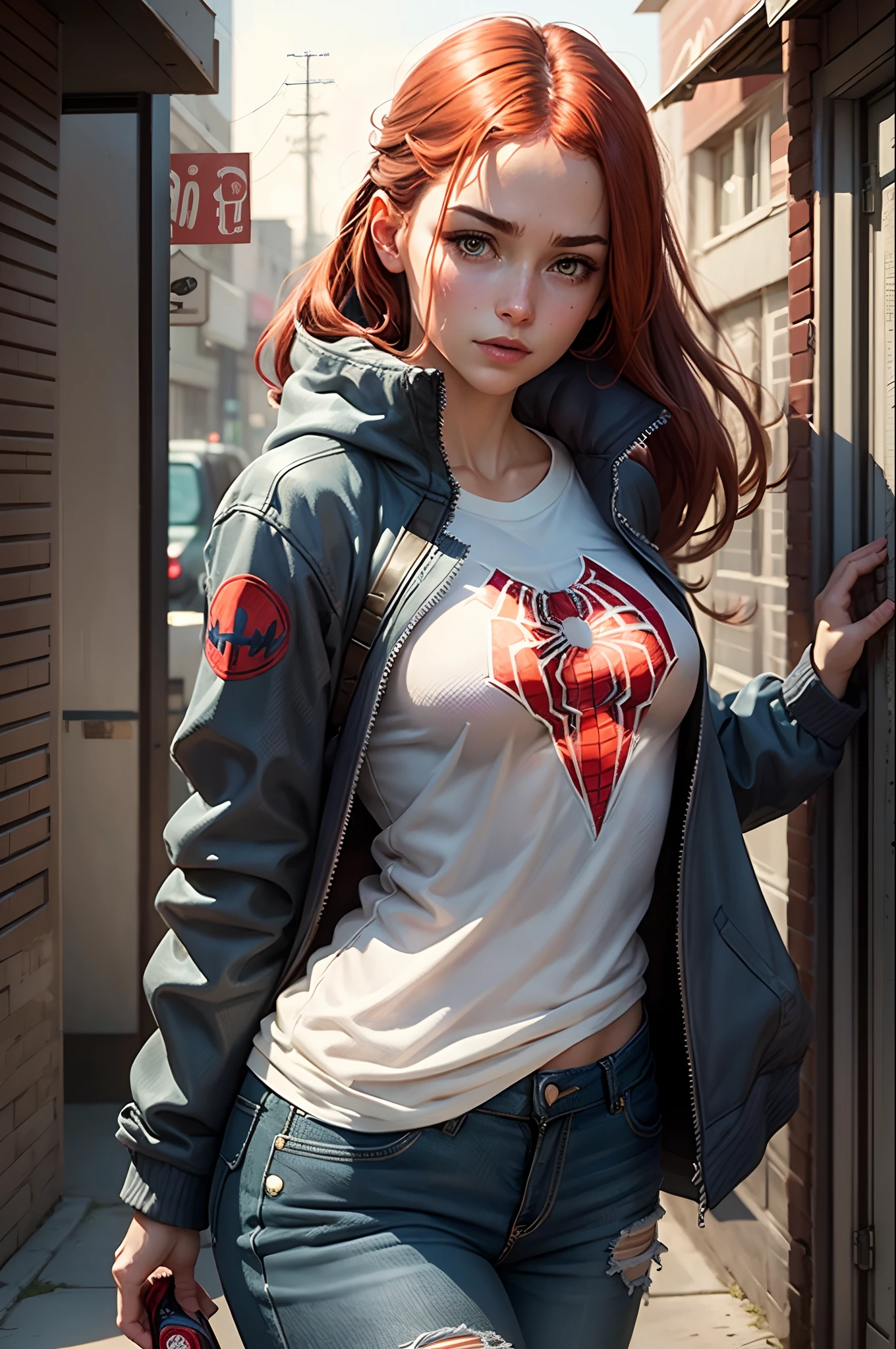 Character, Mary Jane, Wearing an open jacket、Mary Jane under a shirt with Spider-Man marks, Mary Jane Watson
