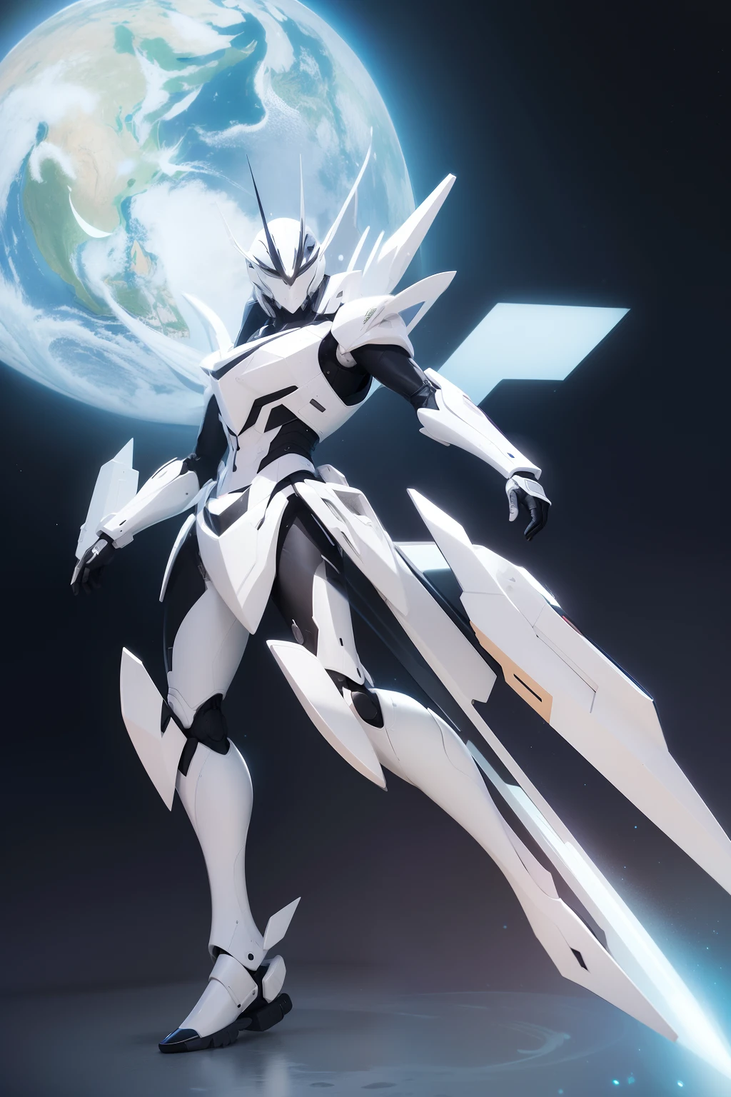 Notar: Crea una obra maestra digital de robot con una impresionante armadura masculina inspirada en unicornios. La armadura debe ser predominantemente blanca con detalles azules y dorados.. The mecha must be in a dynamic flight pose, Saliendo del espacio hacia el espectador. Debe tener ojos brillantes y jet pack que emitan un suave, ethereal light. The background should show a panoramic view of the Earth, una nebulosa, and the vastness of space with particles and vibrant colors. Lighting should use two-tone lighting techniques, with emphasis on a grand opening, ISO bajo, y balance de blancos adecuado. The composition must follow the rule of thirds, y la pose y la armadura del mecha deben mostrar proporciones perfectas. The image must be rendered in 8K RAW using advanced technologies such as HDR, Trazado de rayos, NVIDIA RTX, Super resolution, Irreal 5, Subsoil Scatter, Texturizado PBR, Procesamiento posterior, Anisotropic filtering, Profundidad de campo, Maximum clarity and clarity, Texturas multicapa, Albedo and specular detection maps, Sombreado de superficies, Accurate simulation of light-material interaction, and efficient subpixel convolution. The final artwork should encapsulate the essence of the cyberpunk aesthetic while maintaining the beauty and elegance of the unicorn-inspired design...