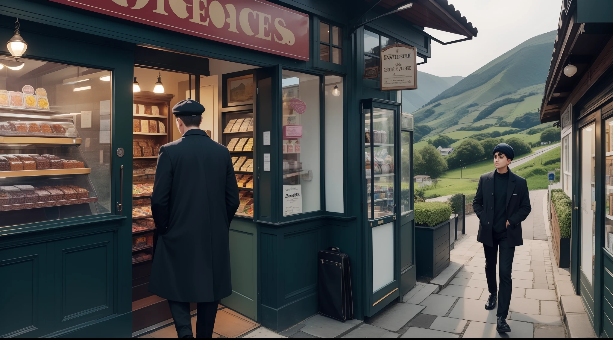 A 23-year-old boy enters a quaint sweet shop wearing black pants and a blue coat. The weather is pleasant, with lush green hills.