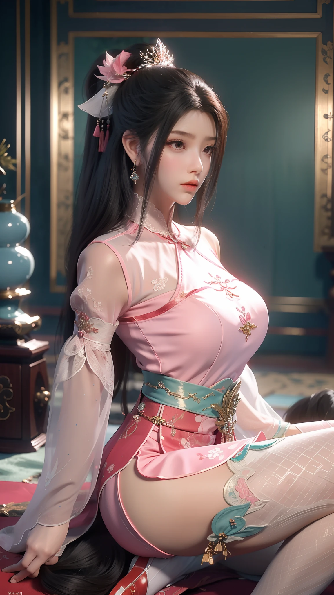 8K Ultra HD, Masterpiece, Best quality, A beautiful girl, Long hair, Impressive hairstyle, Royal hair accessories, Nice and cute face, Flawless face, Jewelry earrings, Antique jewelry, details eyes, Beautiful eyes, meticulous makeup, Thin eyebrows, Beautiful red lips, huge tit, Pink mesh socks, Thin pink silk shirt,There are many white patterns, Pink lace shirt, Long bangs and long platinum-red ponytail, Realistic colors, Magic effects, ancient hanfu background, Sitting, Full body capture,