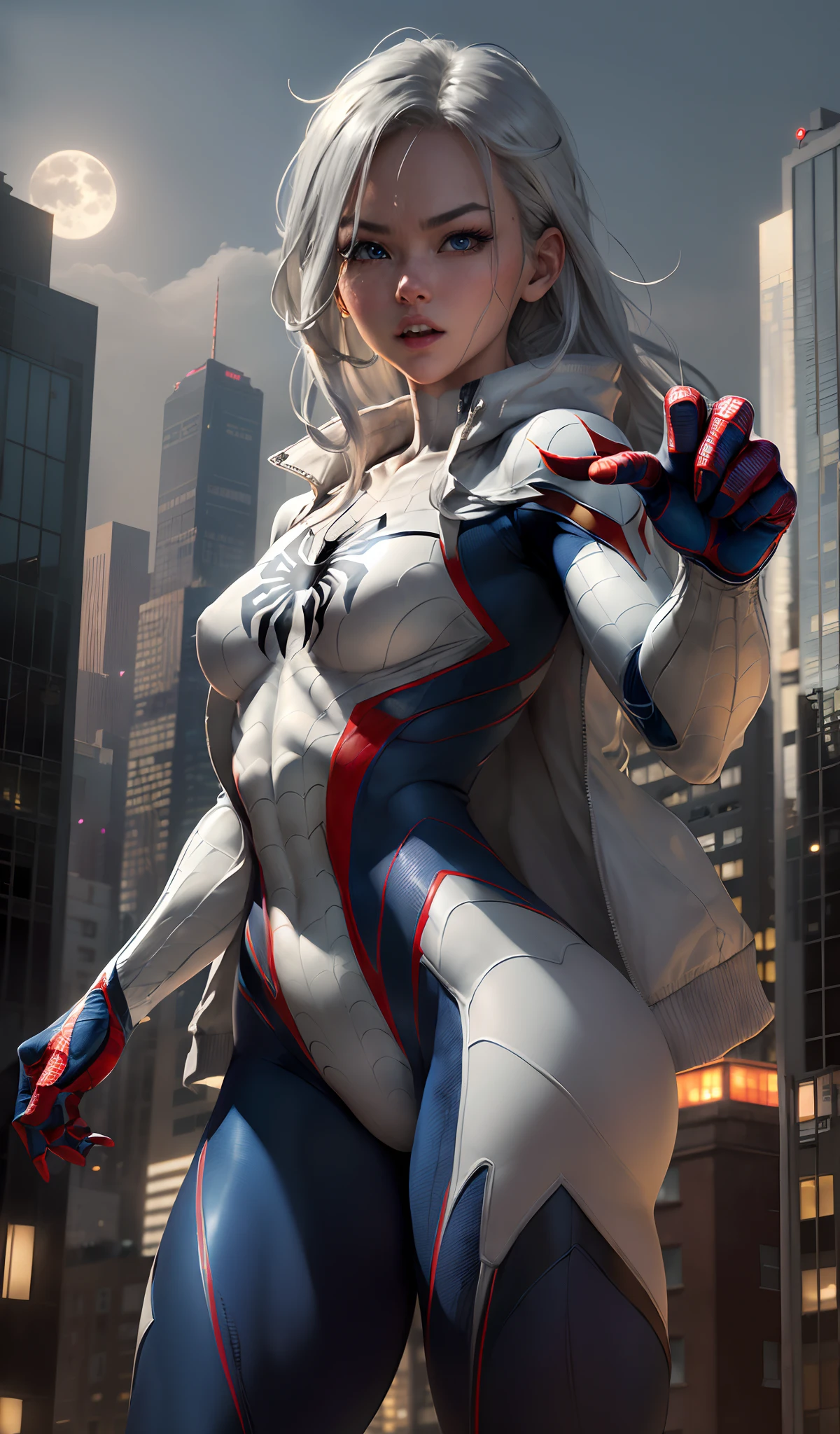 (Masterpiece, 4k resolution, ultra-realistic, very detailed), (White superhero theme, charismatic, there's a girl on top of town, wearing Spider-Man costume, she's a superhero), [ ((25 years), (long white hair:1.2), full body, (blue eyes:1.2), ((Spider-Man pose),show of strength, jumping from one building to another), ((sandy urban environment):0.8)| (cityscape, at night, dynamic lights), (full moon))] # Explanation: The Prompt mainly describes a 4K painting of ultra-high definition, very realistic, very detailed. It shows a superheroine at the top of the city, wearing a Spider-Man costume. The theme in the painting is a white superhero theme, the female protagonist has long white hair, is 25 years old and her entire body is shown in the painting. In terms of portraying the actions of superheroines, spiders are employed