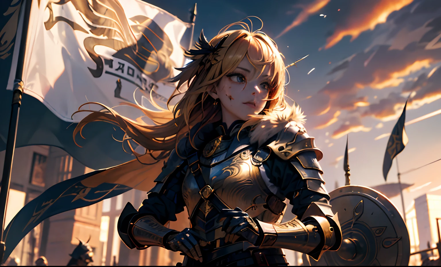 (masterpiece:1.2, best quality:1.1),8K,exquisitedetails,HD,best illustration,wallpaper,exquisitedetails,8 k hd wallpaper:1.6 1girl,12yo,Golden pupils,((Golden eye)),Golden iris,shine：1.6 swords and shields，The flag，Streamers，hisui，diadems，Broken armor，Engrave armor：1.4，Scratches：1.2，combat damage，wounds