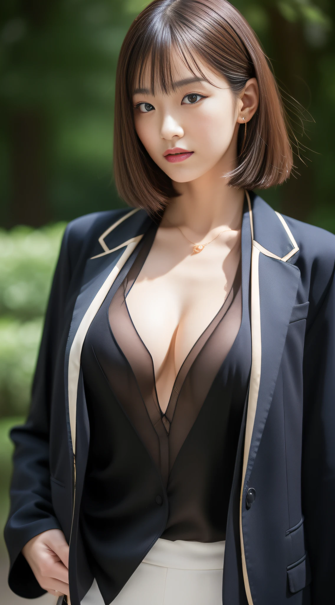 Beautiful Japan adult woman, top-quality, masterpiece, 1girl in, beautiful expression, (photographrealistic:1.3), Rim lighting, (High Detail Skins:1.2), Digital SLR, hightquality, hight resolution, 4K, 8K, bokeh dof, (realisitic:1.3), (Wearing a formal blazer:1.1), No sternum, fleshy chest、taut and bountiful breasts, (a miniskirt:1.1), (Transparent blouse:1.1), (The chest of the blouse is open、Chest exposed:1.2),