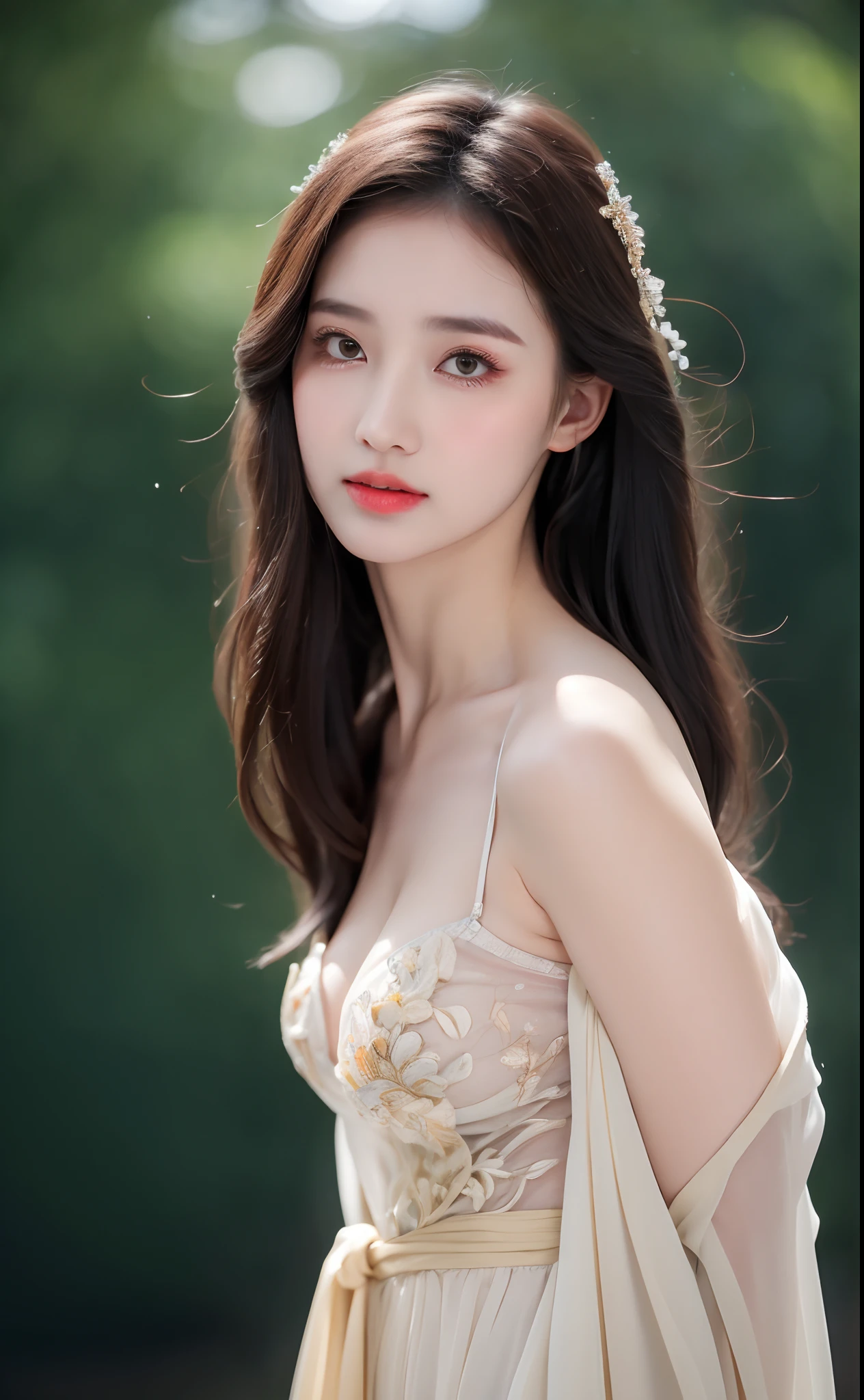 ((Best Quality, 8k, Masterpiece: 1.3)), Focus: 1.2, Perfect Body Beauty: 1.4, Buttocks: 1.2, ((Layered Haircut)), (Wet Clothes: 1.1), (Rain, Street:1.3), (Breasts: 1.2), (Hanfu: 1.2), Bare Shoulders, Bare Legs, Highly Detailed Face and Skin Texture, Fine Eyes, Double Eyelids, Whitened Skin, Long Hair, (Shut Up: 1.5), (Bokeh Background: 1.5), Big Breasts