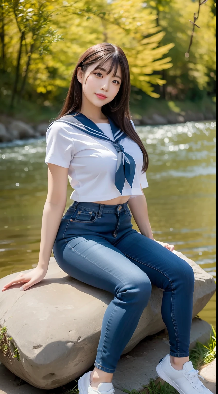 a pregirl,horse tailed,Large breasts, ssmile, looking at viewert, sailor uniformm,skintight jeans, athletic sneakers,photore, realisticlying, Best quality at best, employee, 详细的脸, Sitting on a large rock by the river in the middle of the woods, diffuselighting, depth of fields, Background bokeh