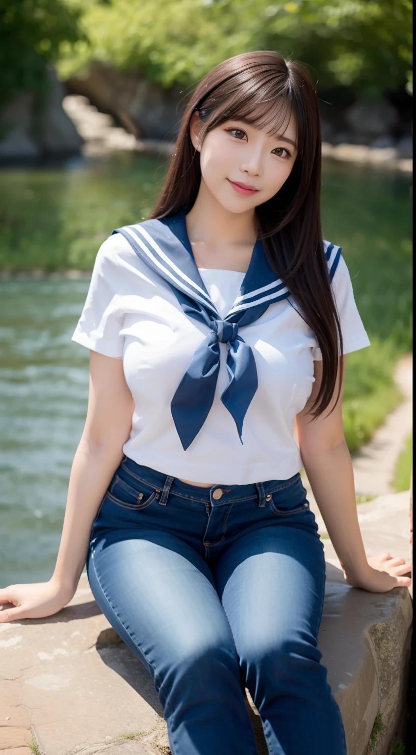 a pregirl,horse tailed,Large breasts, ssmile, looking at viewert, sailor uniformm,skintight jeans, athletic sneakers,photore, realisticlying, Best quality at best, employee, 详细的脸, Sitting on a large rock by the river in the middle of the woods, diffuselighting, depth of fields, Background bokeh