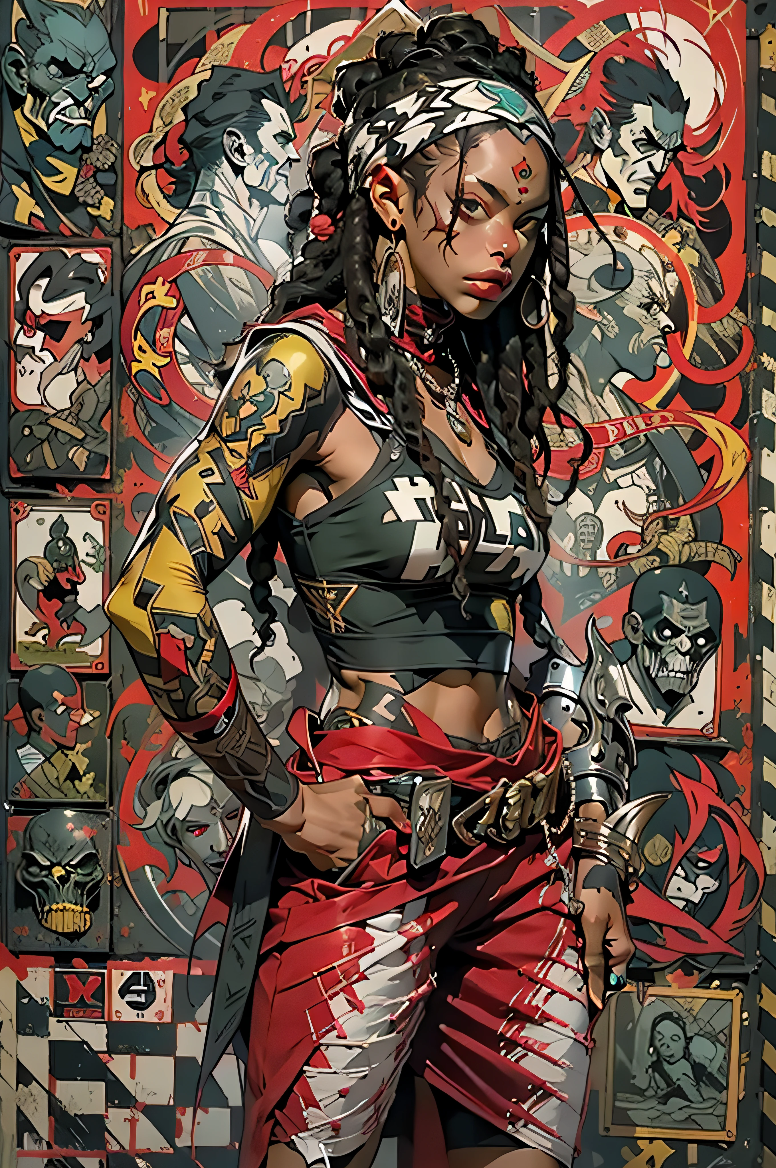 (((mulher))), (((melhor qualidade))), (((obra prima))), (((adulto))), ((( hood ))), Uma guerreira rapper mulher negra de 35 anos com corpo perfeito, Gladiadores do Brooklyn, (( dreadlocks )), ((( Capuz vermelho ))), com as garras do Wolverine, quase nua no estilo selvagem urbano de Simon Bisley para a capa da revista Heavy Metal, cabelo verde, Minimum clothing, red and white checkerboard pattern, armadura, cheio de pontas e rebites, tatuagem tribal, (((do joelho pra cima))), cabelo verde desalinhado