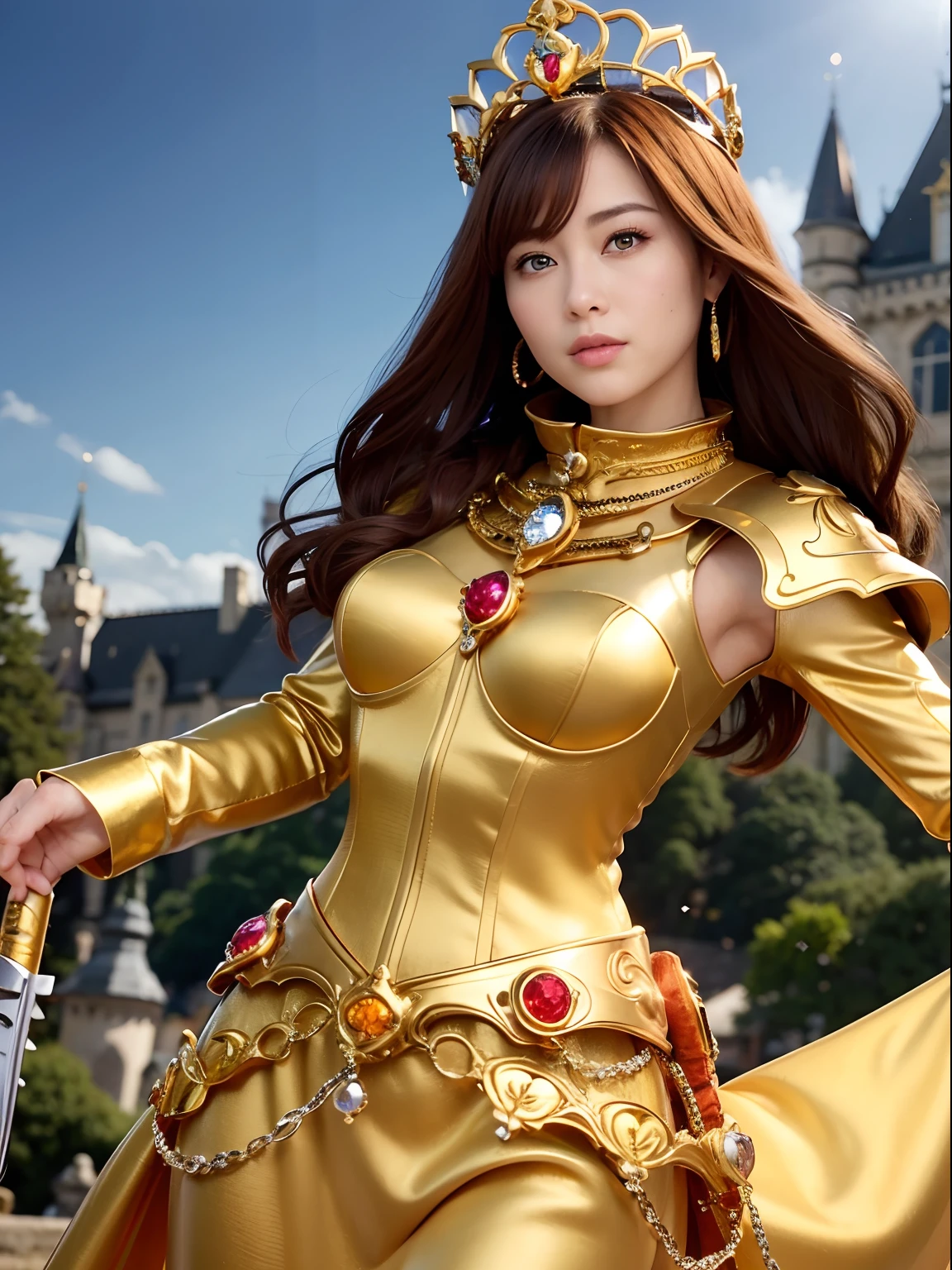 Professional , masterpiece、top-quality、photos realistic , depth of fields (Gemstone Silver Metal Body:1.9),(Matte yellow、Jewel Gold Weapon、(Gorgeous castle background)、(Jewel Metal Body:1.4),(Gorgeous Jewel Metal Weapons) , (Detailed Sword of the Brave) ,( ) ,warhammer 40k , adepta sororitas,Detail and ornate jewel crown、Brown hair、(Gangle's forest background)、1a person、dynamic ungle,(((Diamond tiara with detail and luxury)))、a small face、A smile、Powerful poses、(Gorgeous castle background)、huge filesize、20 year old beautiful woman、Stand in the center of the screen、Thin female fingers、Straight long hair、Beautiful Caucasian beauty、Mystical expression、Lightly open your mouth、,Luminescent particles,light scattering,Tindall Effect