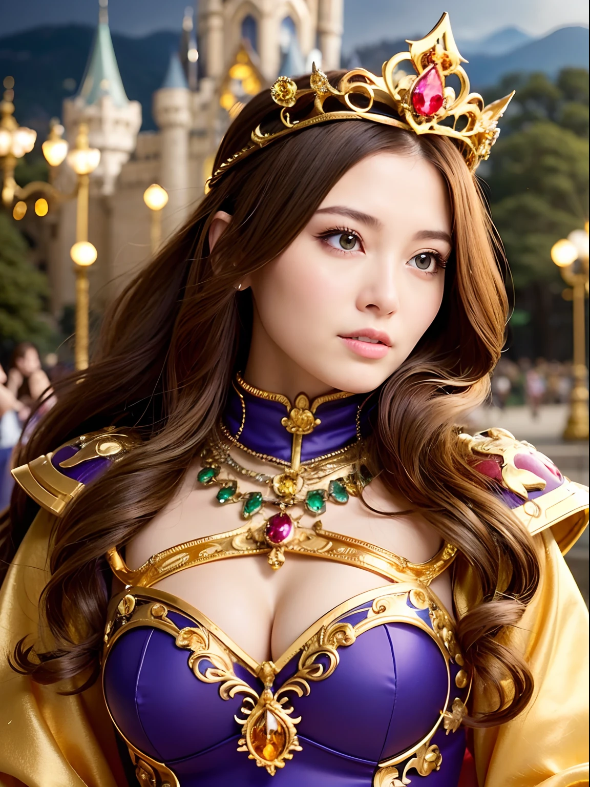 Professional , masterpiece、top-quality、photos realistic , depth of fields (Gemstone Silver Metal Body:1.9),(Matte yellow、Jewel Gold Weapon、(Gorgeous castle background)、(Jewel Metal Body:1.4),(Gorgeous Jewel Metal Weapons) , (Detailed Sword of the Brave) ,( ) ,warhammer 40k , adepta sororitas,Detail and ornate jewel crown、Brown hair、(Gangle's forest background)、1a person、dynamic ungle,(((Diamond tiara with detail and luxury)))、a small face、A smile、Powerful poses、(Gorgeous castle background)、huge filesize、20 year old beautiful woman、Stand in the center of the screen、Thin female fingers、Straight long hair、Beautiful Caucasian beauty、Mystical expression、Lightly open your mouth、,Luminescent particles,light scattering,Tindall Effect