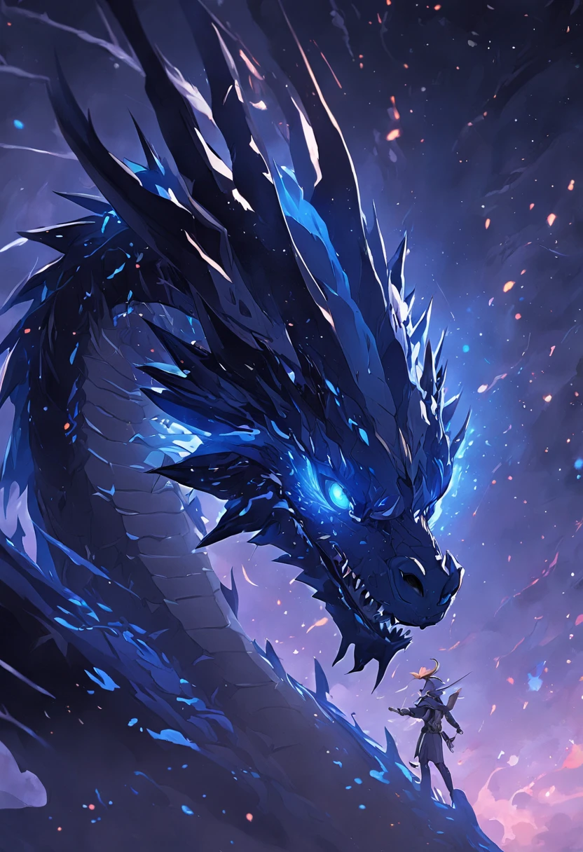 A close-up of a black dragon, ojos azules brillantes y profundos, alado, con un planeta en el fondo, epic fantasy sci fi illustration, epic fantasy digital art style, Colores obas curos predominando el negro y el azul, epic scifi fantasy art, 4K fantasy art, amazing space creature 4 k, fantasy planet, wide angle fantasy art, 8k fantasy art, Concept Art Wallpaper 4K, epic fantasy illustration, epic fantasy digital art, 8K impresionantes obras de arte