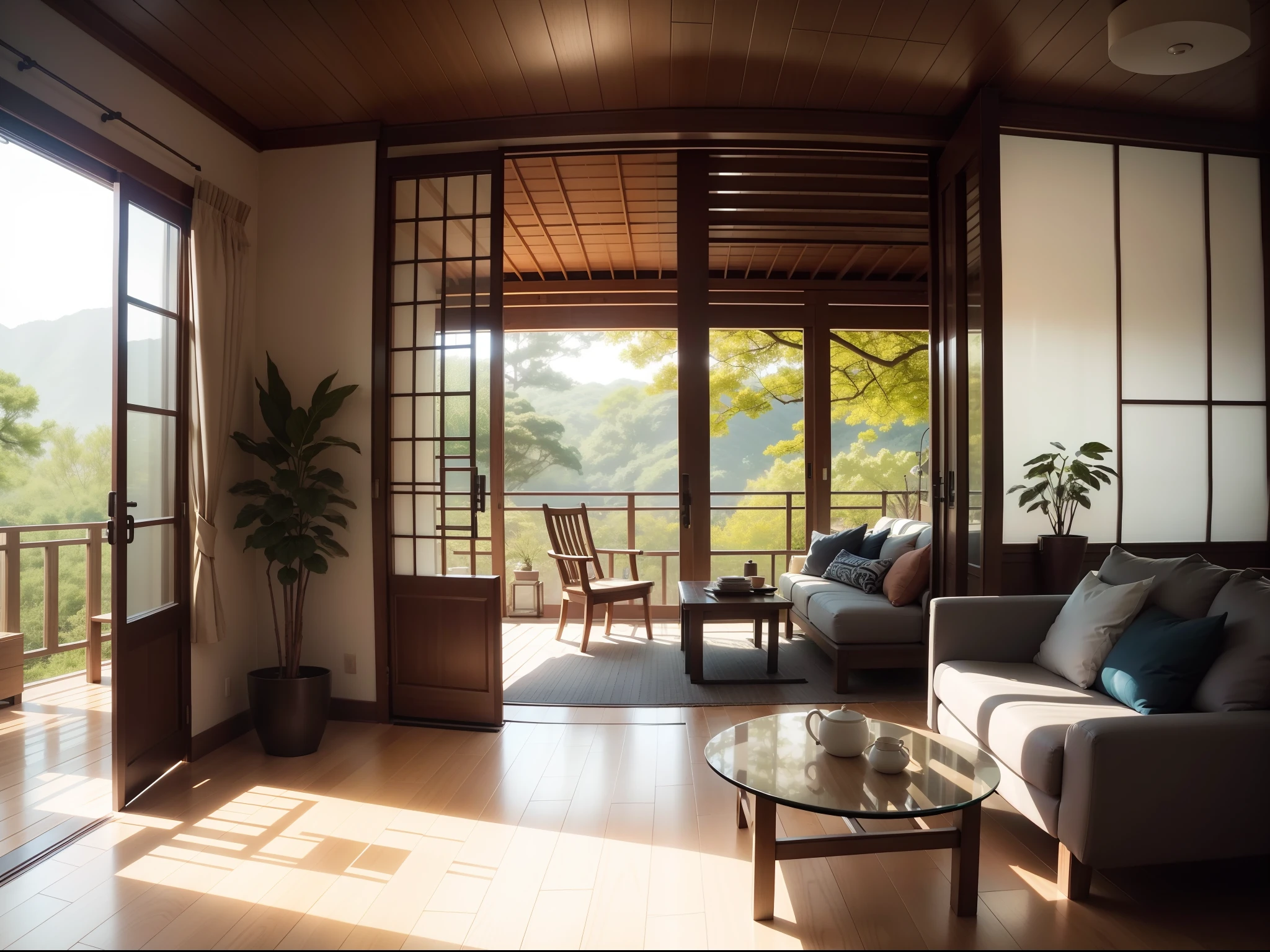 interior design、Insanely detailed wide-angle architectural photo、Cozy contemporary living room、(Bright and warm sunlight 1:0.1)、Award-winning contemporary interior design、landscapes、The table、a chair、in a house、Wooden flooring、window、resturant、east asian east asian architecture、sliding paper doors、abajour、architectural、the woods、naturey、cups、a plant、interior design、Insert lighting and shadows、depth of fields、low illuminance