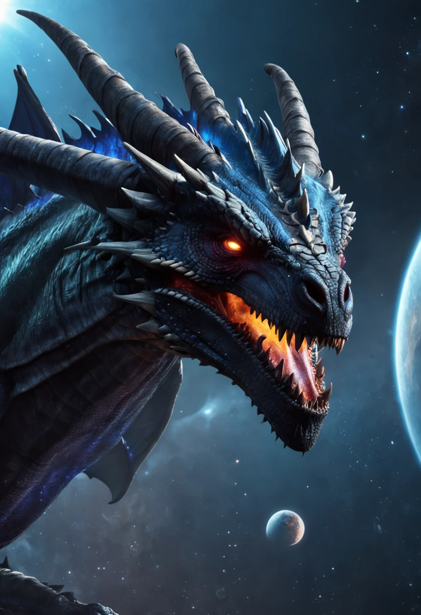 A close-up of a black dragon, ojos azules brillantes y profundos, alado, con un planeta en el fondo, epic fantasy sci fi illustration, epic fantasy digital art style, Colores obas curos predominando el negro y el azul, epic scifi fantasy art, 4K fantasy art, amazing space creature 4 k, fantasy planet, wide angle fantasy art, 8k fantasy art, Concept Art Wallpaper 4K, epic fantasy illustration, epic fantasy digital art, 8K impresionantes obras de arte